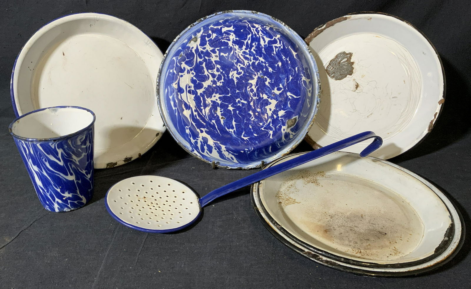 Lot 7 Piece Blue Marbled Metal Camping Dishes (1 of 7)