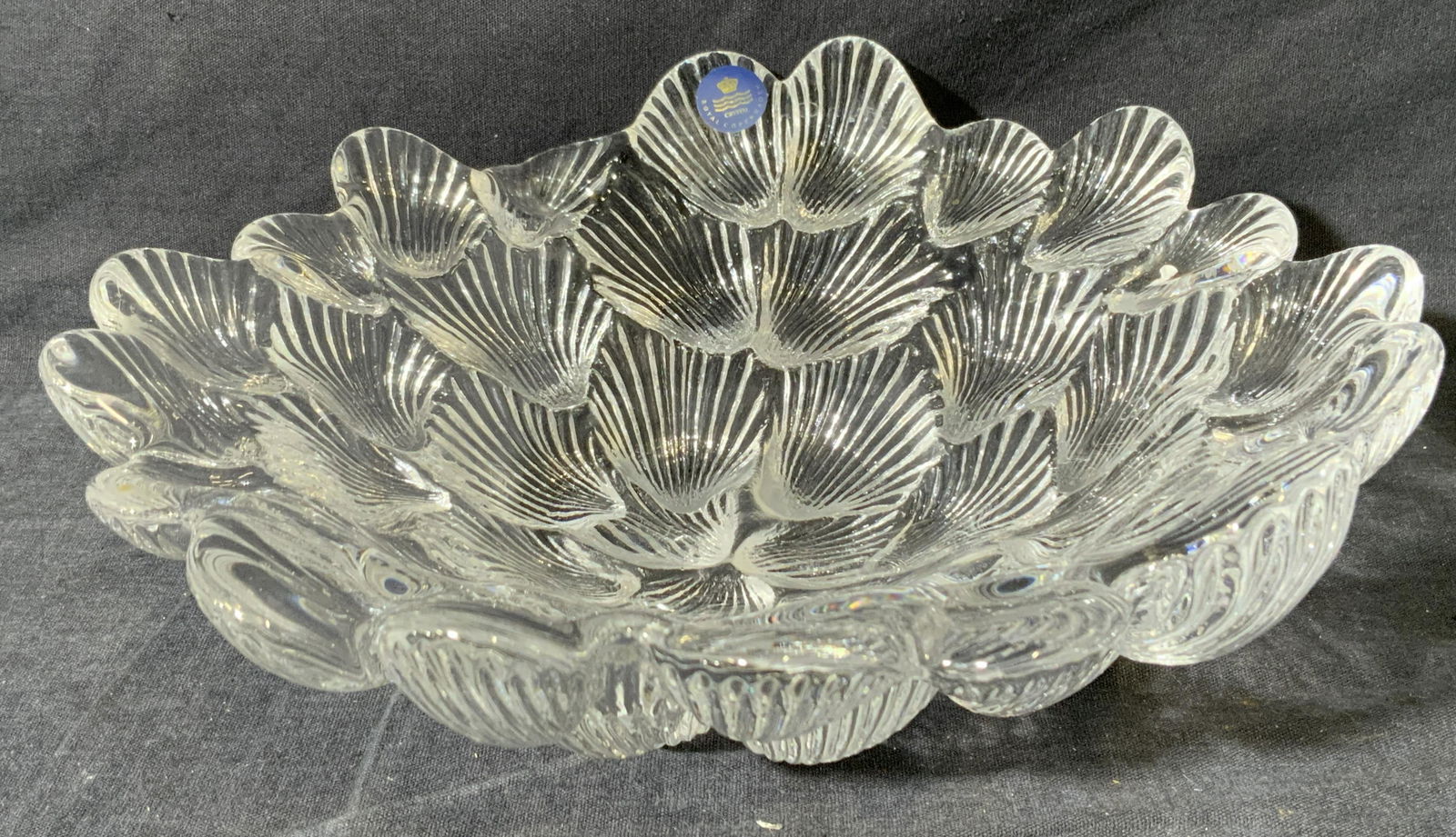ROYAL COPENHAGEN Clear Crystal Shell Bowl: ROYAL COPENHAGEN Clear Crystal Shell Bowl, sticker to interior of bowl reads ‘ROYAL COPENHAGEN’, subject a clear bowl with Shell pattern cut into exterior, measures 3 x 9 x 9 inches, surface wear
