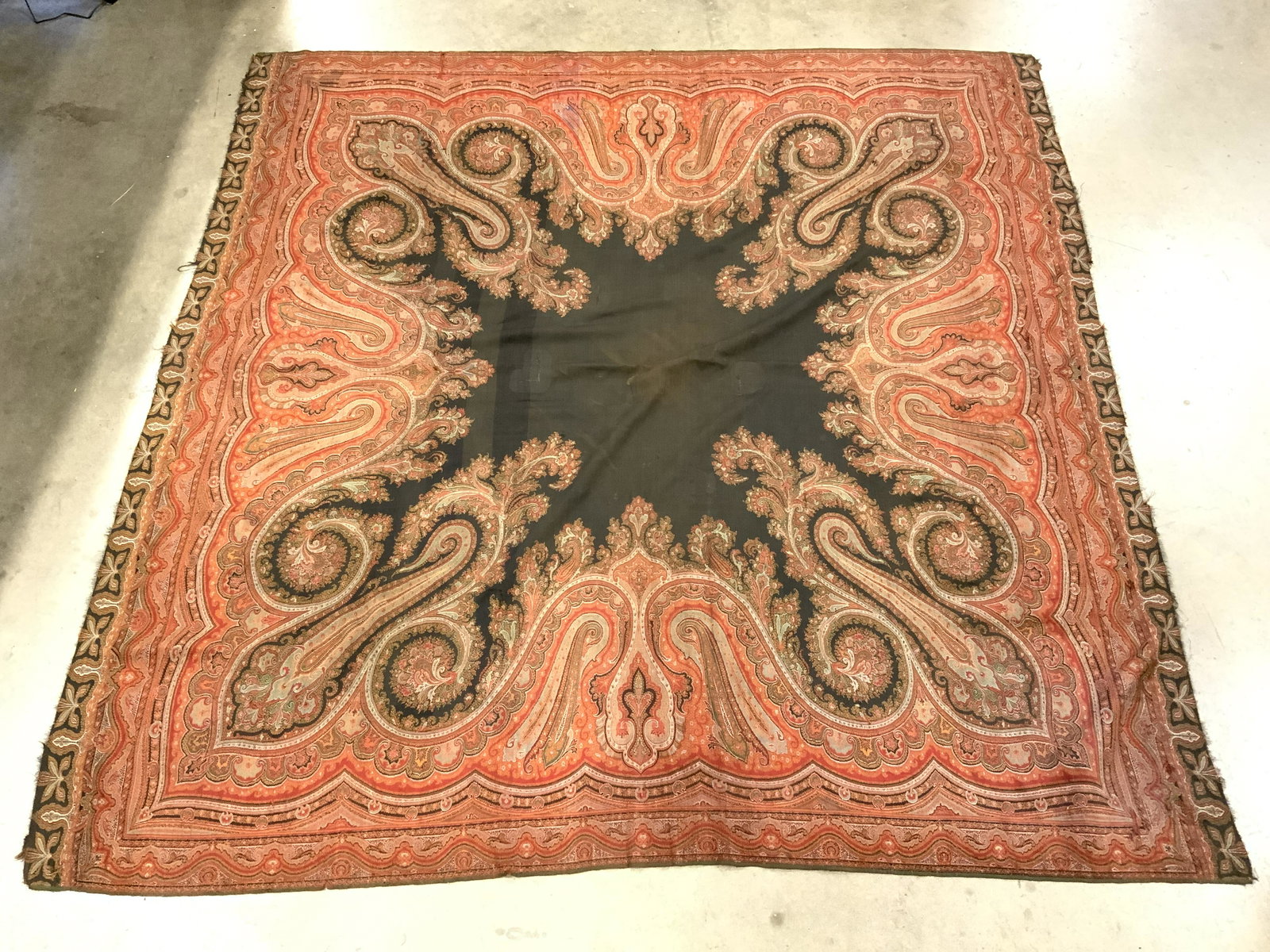 Vintage Hand Woven Paisley Shawl: Shawl is vintage possibly antique. Piece appears to be hand woven. Shawl contains intricate multi toned detail. Piece can be utilized as up cycled tapestry. Piece measures approx 68 inches square. Tap