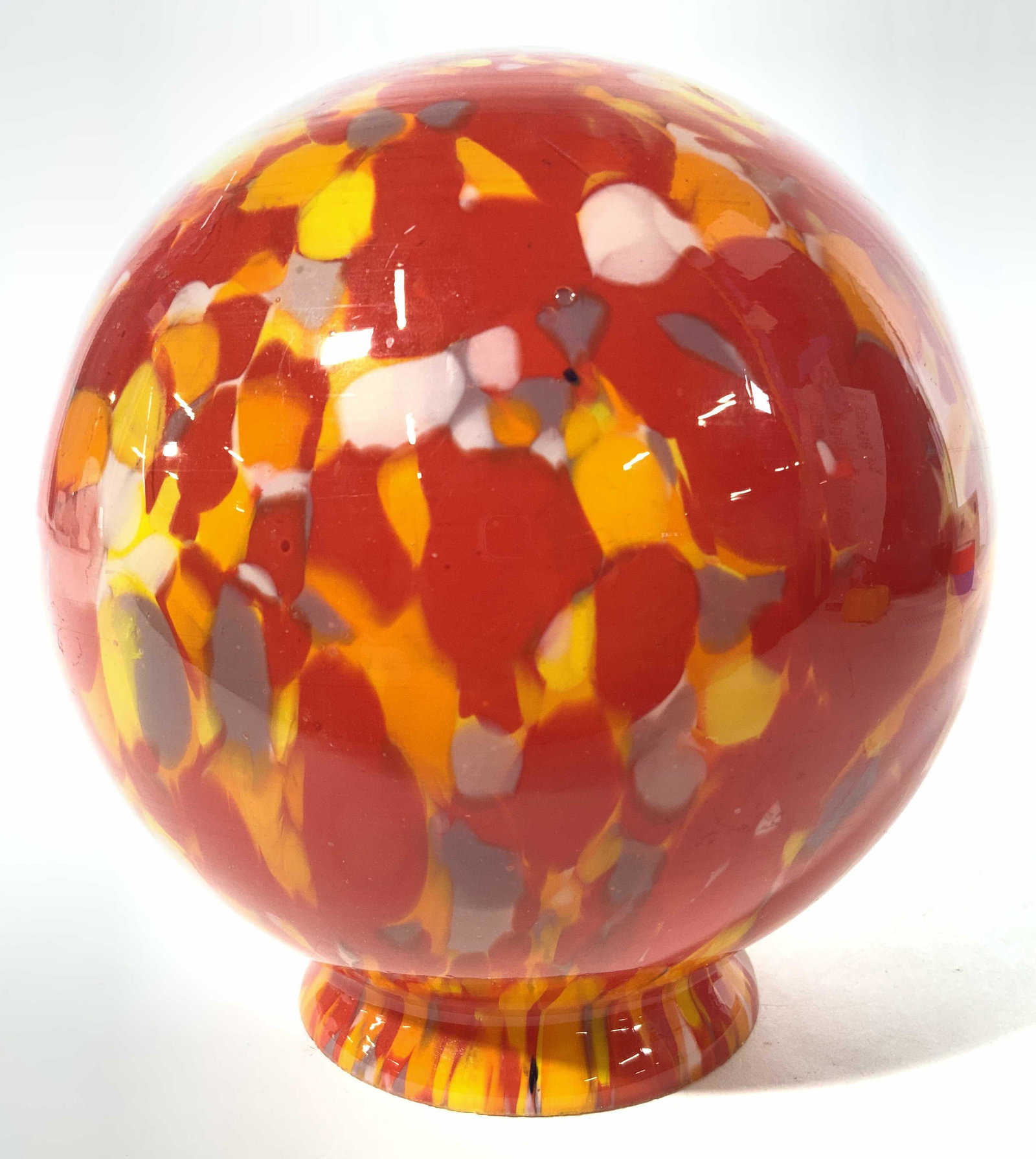 Czech Glass Art Glass Ornament Lamp Shade: Piece is signed CZECHOSLOVAKIA. Piece has red, orange & yellow tones. Shade has globe shape. Piece measures approx 6.25 inches tall & wide. Lamp shade, Art glass globe, Czech glass, Czech glass globe,
