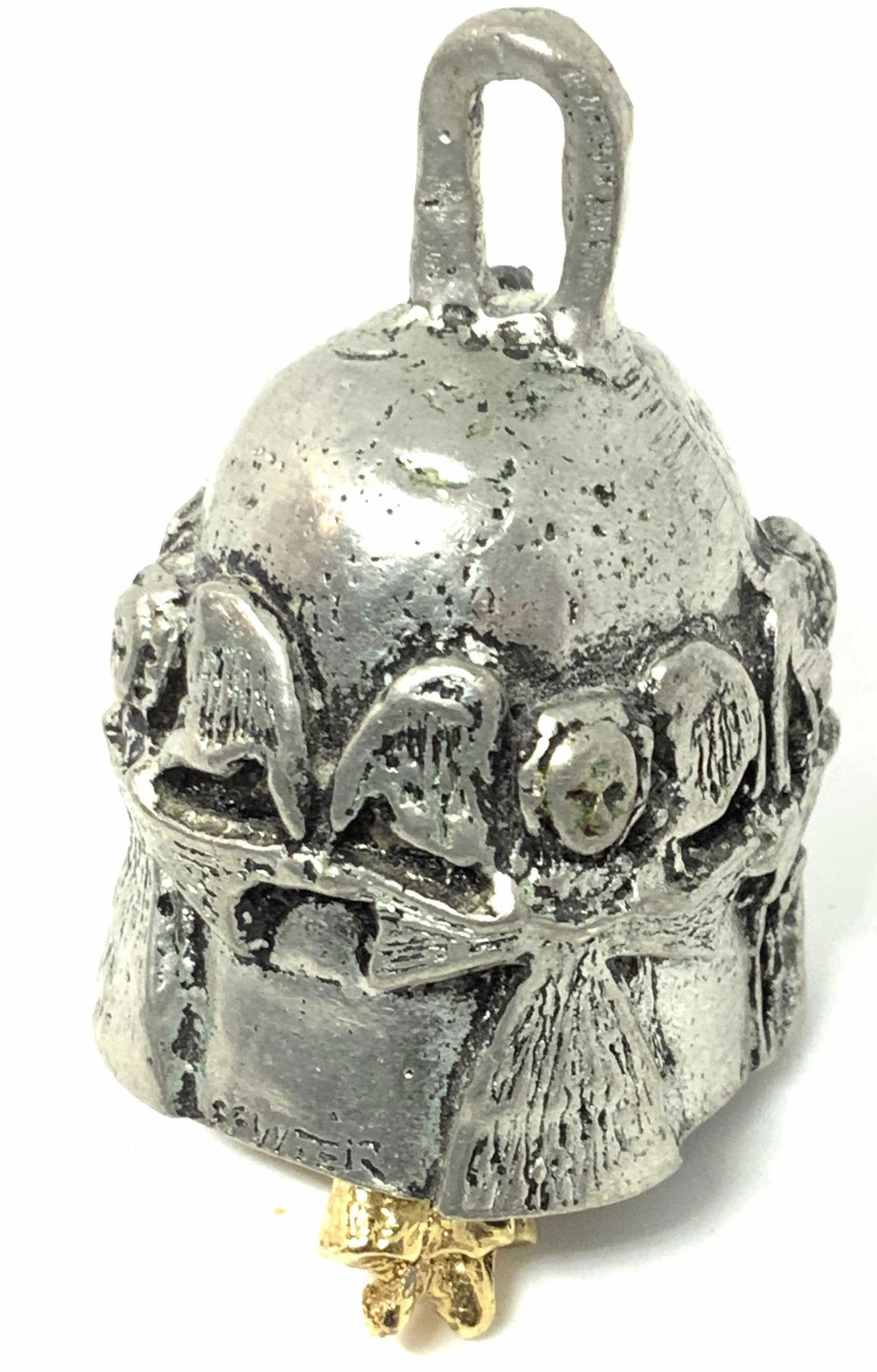 Handmade Embossed Angel Pewter Bell Ornament: Vintage Handmade Pewter bell, inscribed ‘ Pewter’ on lower rim. Angels with wings spread hold hands surround bell. Interior bell battant/ clapper is a gilt angle. Able to handle anywhere, use as a