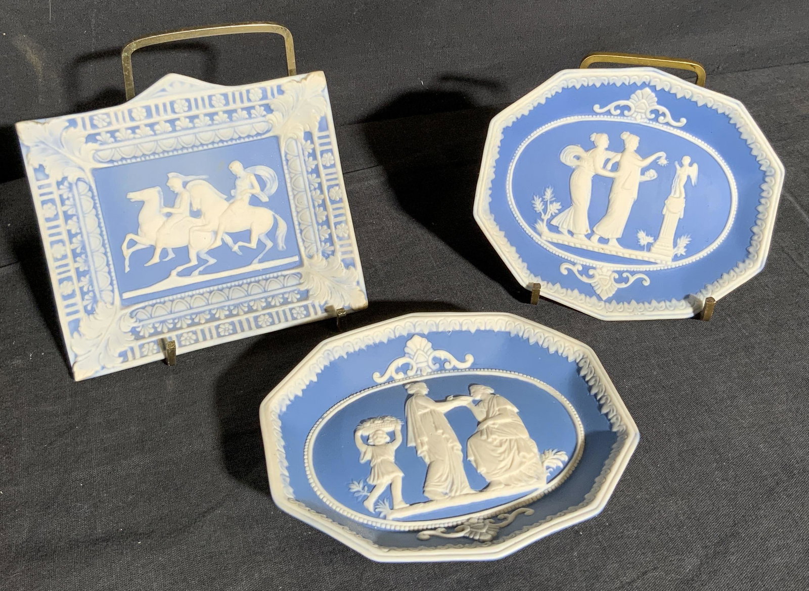 GERMANY Stamped Wedgewood Style Small Dishes: GERMANY Stamped Wedgewood Style Small Dishes, measure 4 1/2 x 4 1/8 inches, 4 3/4 x 4 inches, 4 3/4 x 4 inches, wear consistent with age and use. Wedgewood, Wedgewood jasper ware, saucer, Wedgewood sa