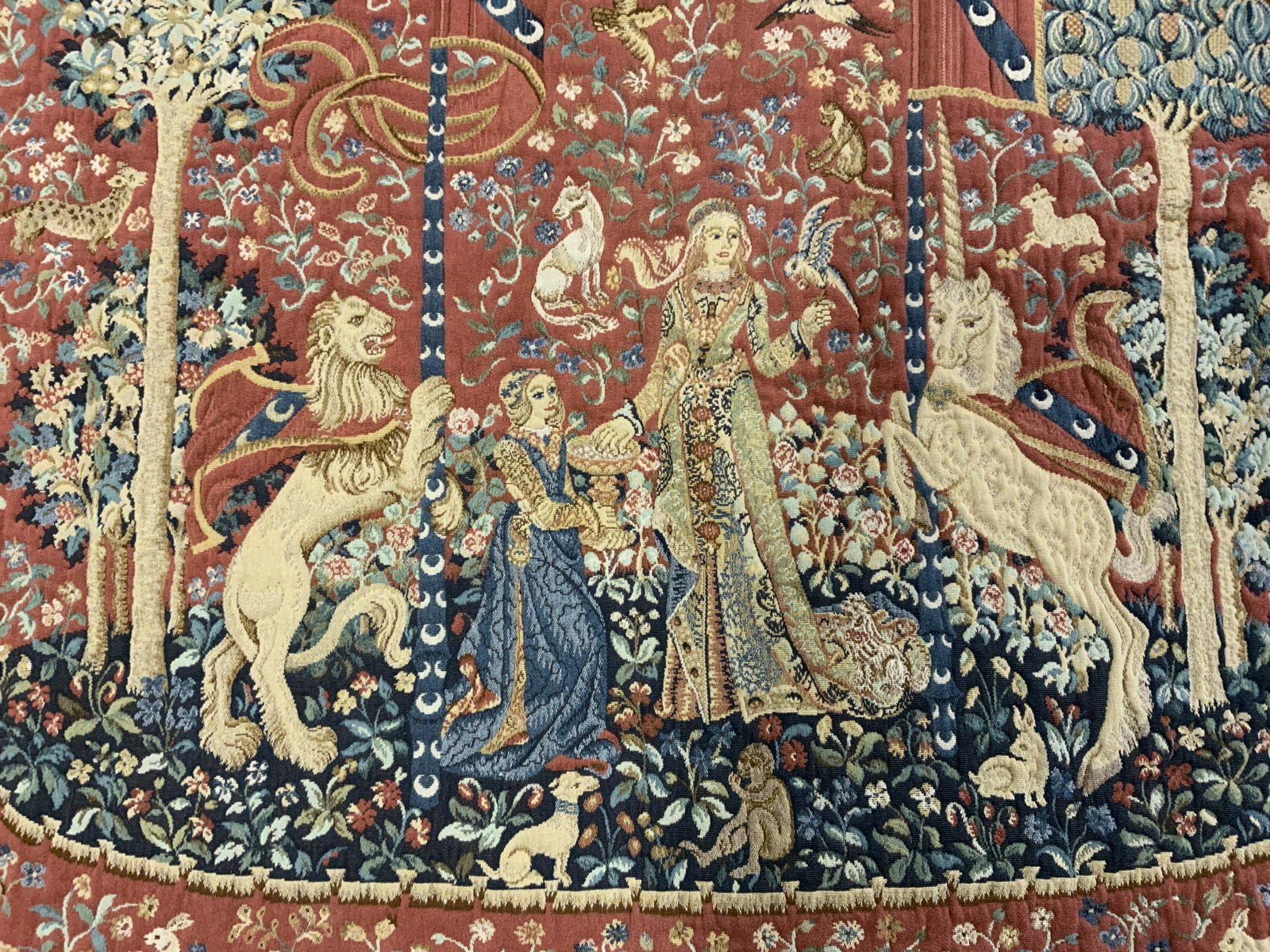 The Lady w The Unicorn Wall Tapestry: The Lady with the Unicorn Wall Tapestry, Smell Motif’, subject a lady with her ladies maid surrounded by a monkey and a lion and unicorn holding flagged poles, with floral motifs throughout the piec