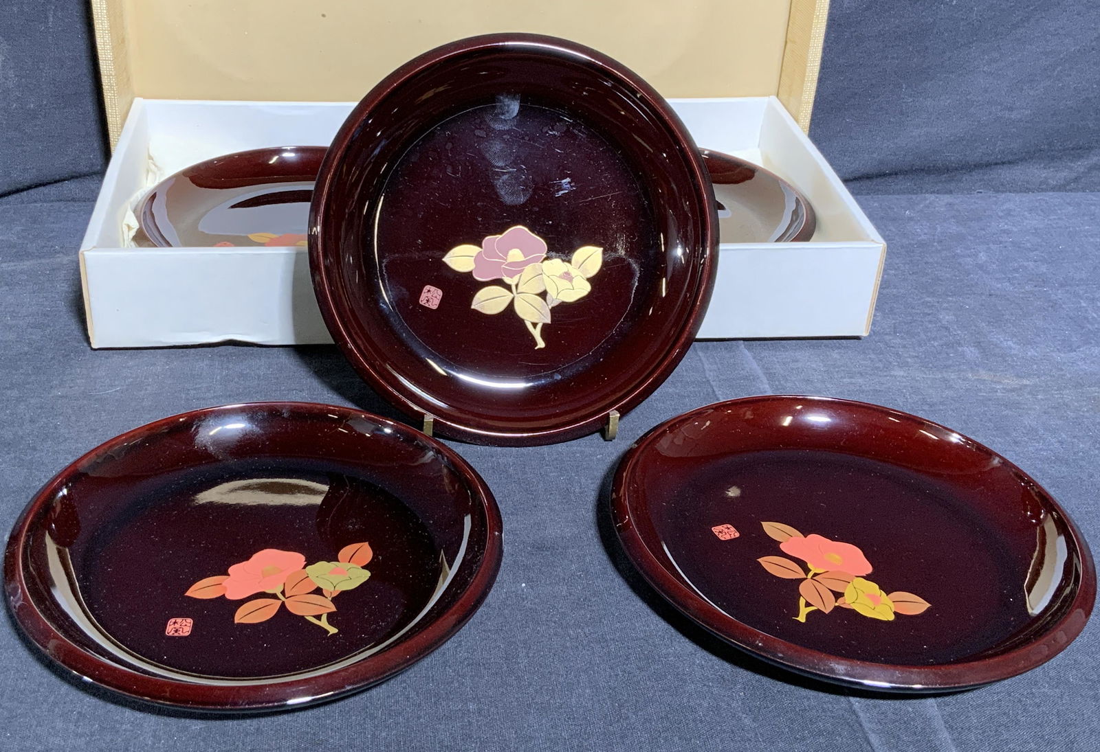 Set of 5 Asian Red Lacquer Small Dishes w Floral (1 of 5)