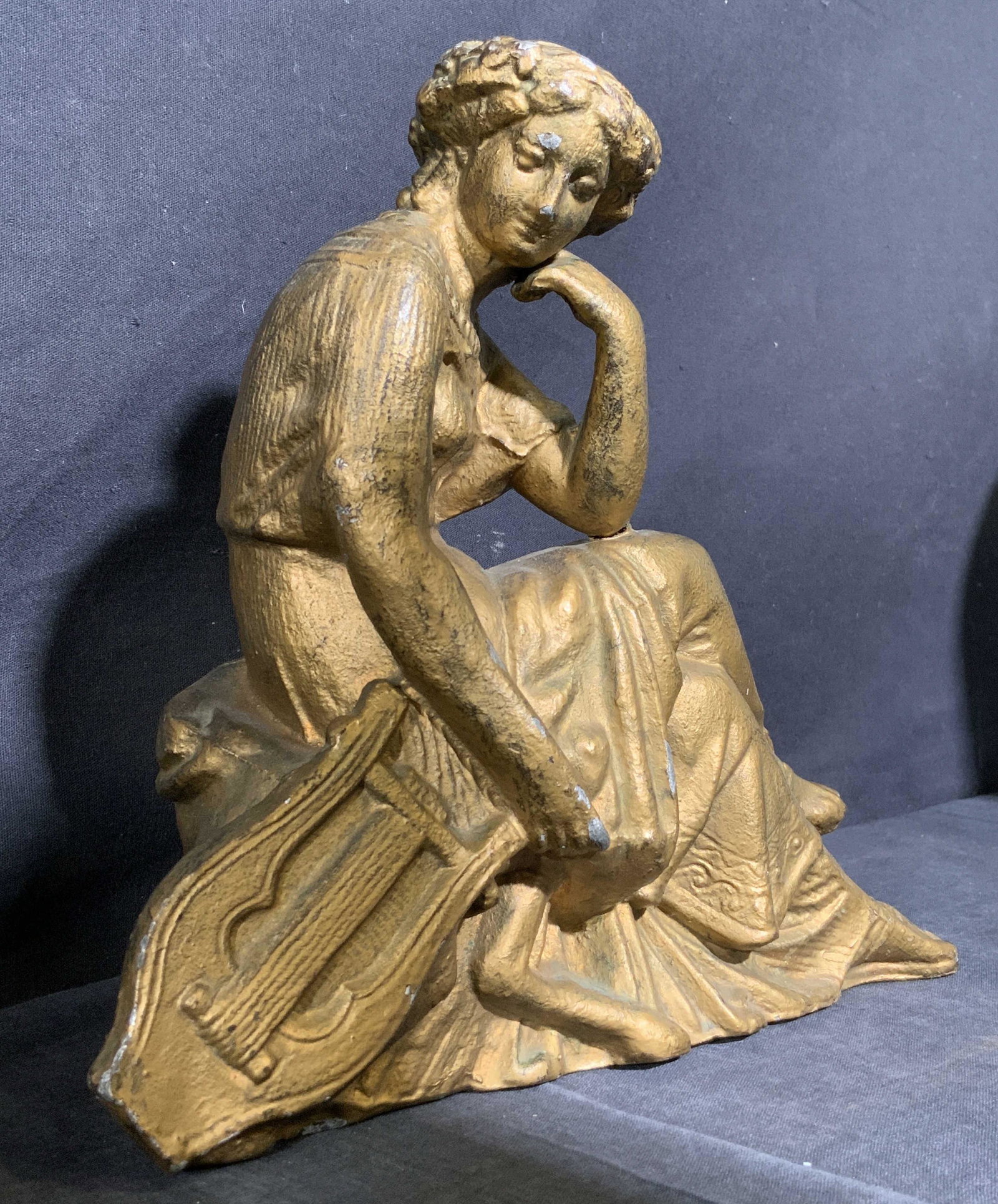 Cast Metal Sculpture of Seated Woman with Lyre (1 of 9)