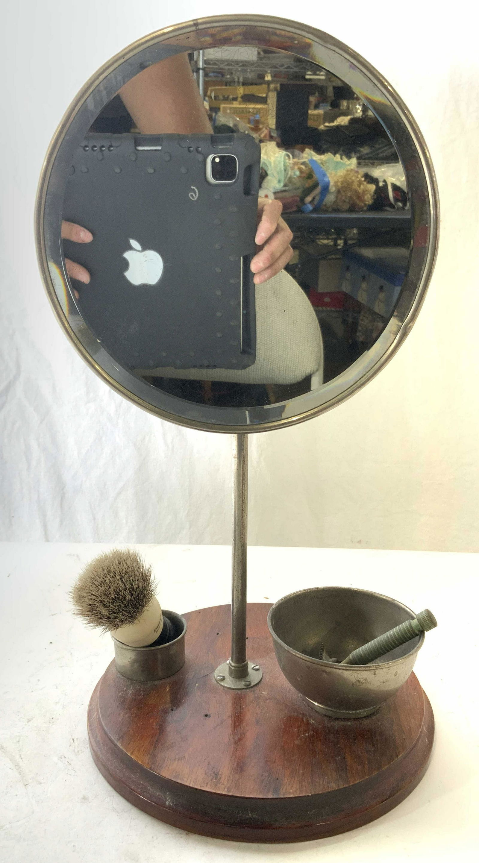 Vintage Makeup Mirror W Wooden Base & Brush (1 of 9)