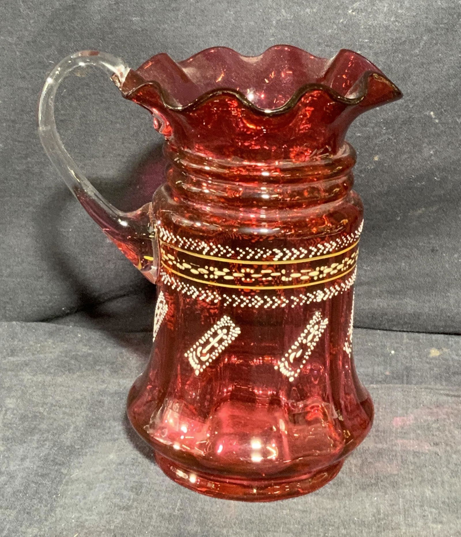 Antique Cranberry Glass Pitcher w Raised Pattern (1 of 7)