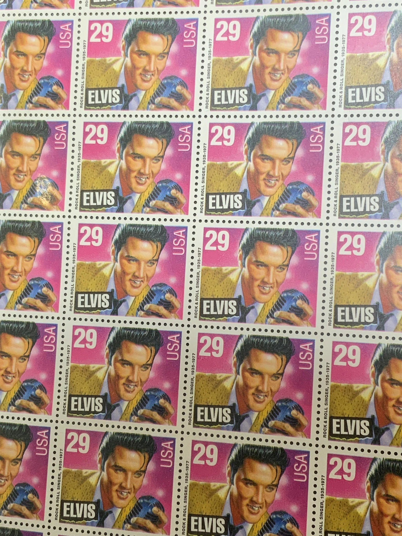 Collectible Elvis Presley Mail Stamps: Collectible Elvis Presley Mail Stamps in protective sleeve, each stamp measures approximately 1 1/2 x 1 inches, wear consistent with age and use. graceland, Elvis Aaron Presley, the king, rock and rol