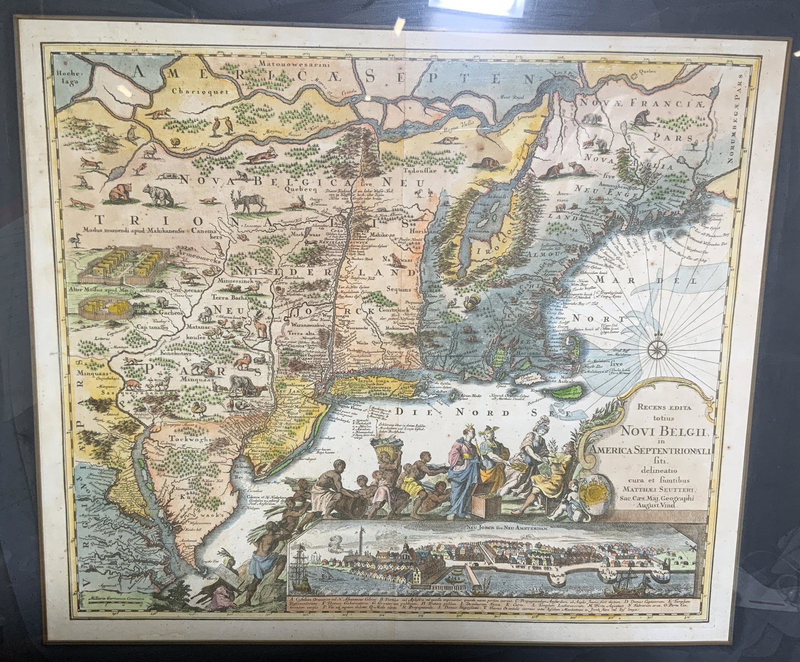 Recens edita totius Novi Belgii Copper Engraving: Recens Edita totius Novi Belgii, in America Septentrionali siti, delineatio cura et sumtibus Matthæi Seutteri, Sac. Caes. Maj. Geographi August. Vind. Cum Gratia et Privil. S.R.I. Vicariat in part, R