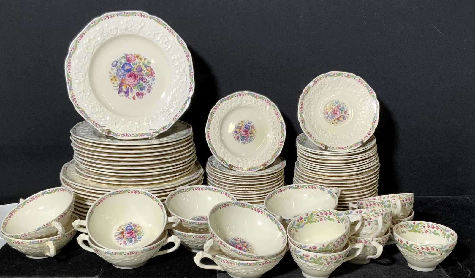 Group Lot CROWN DUCAL Serving Ware,England: Includes 6 tea cups, 10 bouillon cups, 12 dinner plates, 12 luncheon plates, 11 Dessert plates, 12 soup bowls, 8 Square plates. All appear to be vintage. Undersides read as CROWN DUCAL, GAINSBOROUGH,