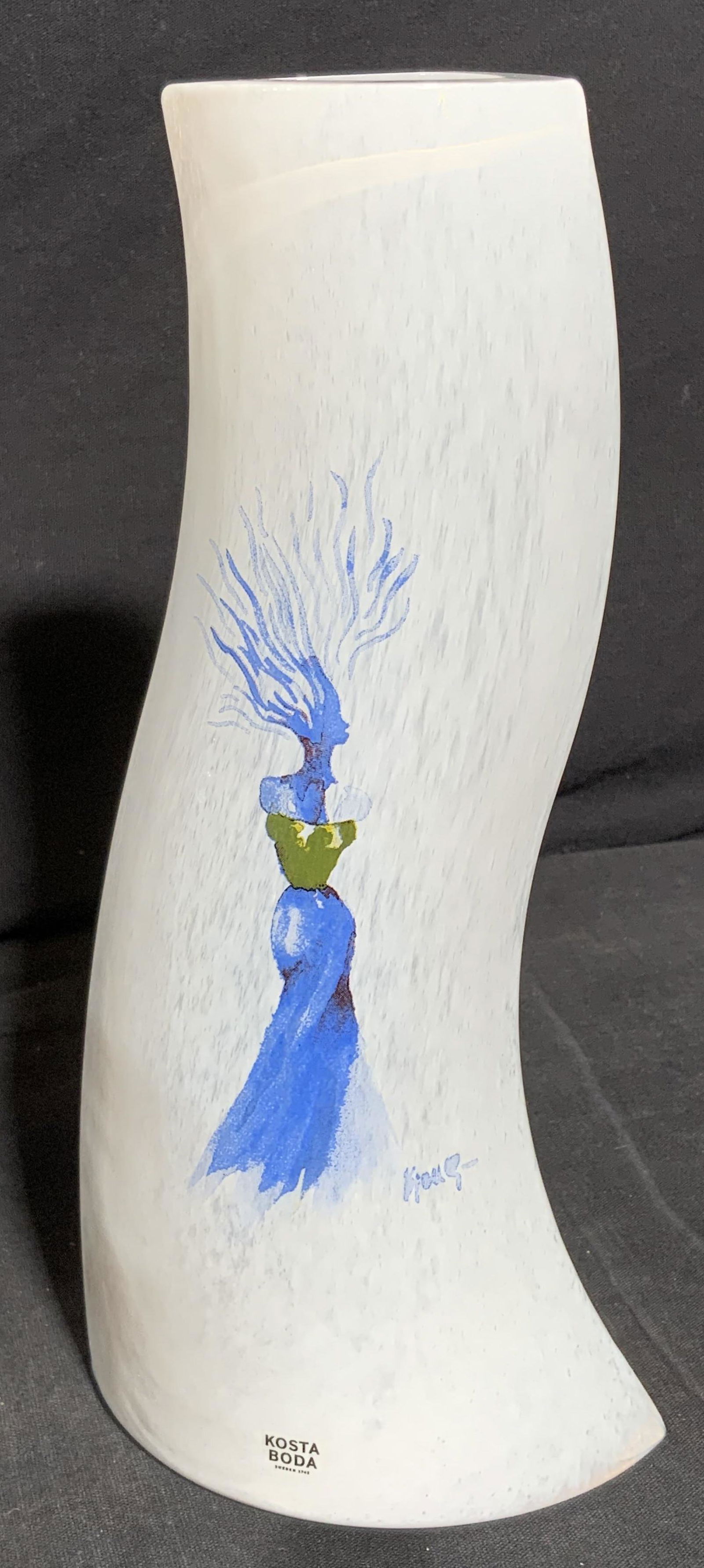 KOSTA BODA Organically Shaped Flower Vase: KOSTA BODA Organically Shaped Flower Vase, has a woman on the face in blue and green dress, measures 4 l x 2 1/2 w x 9 h inches, wear Art glass, glass vase, vintage glass vase, kosta boda, collectible