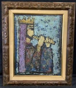 ATTR NISSAN ENGEL impressinist Flutist  Oil: ATTR NISSAN ENGEL impressinist Flutist Oil on Board, no apparent inscriptions to piece, verso inscriptions illegible, shows an crowned figure playing a flute while wearing a blue and purple robe , mea