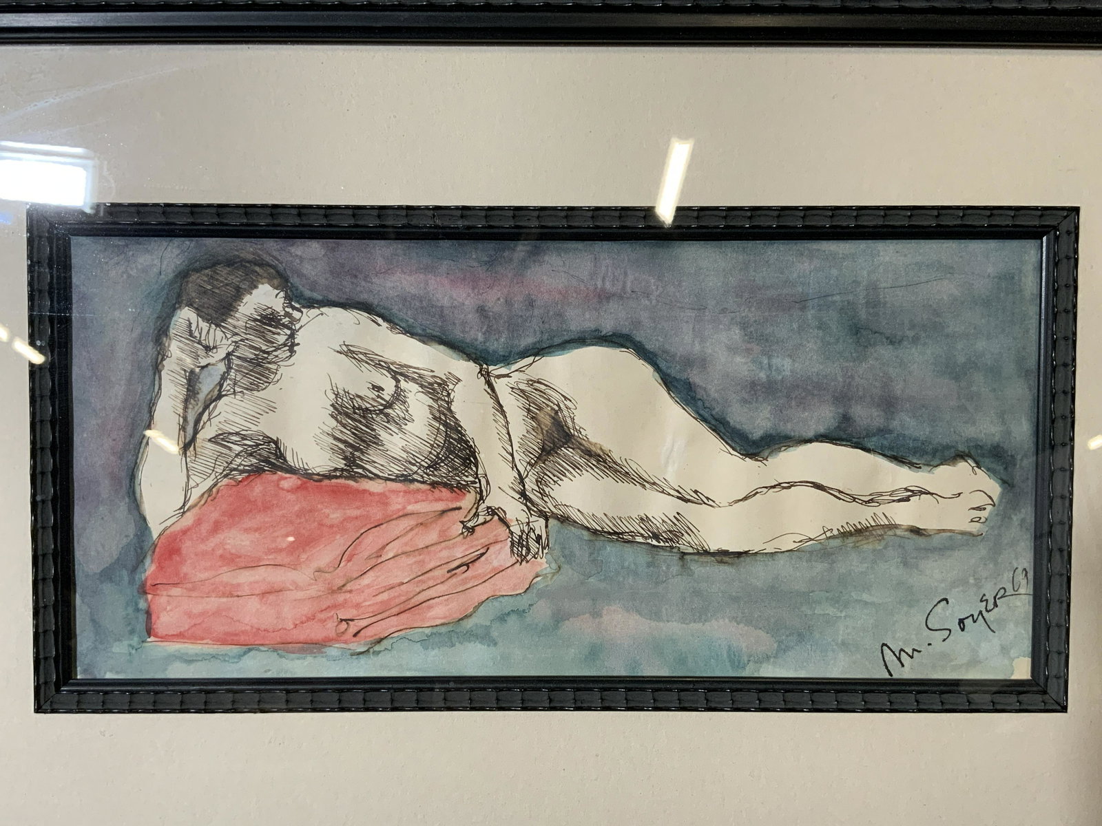 ATTR MOSES SOYER Signed Reclined Nude Mixed Media: ATTR MOSES SOYER Reclined Nude Mixed Media, signature to lower right reads â€˜M SOYERâ€™, subject an inland watercolor reclining woman in red and blue toned, frame measures 19 1/4 x 13 1/2 in