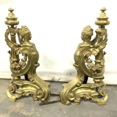Antique Brass Chanet Andirons w Figurehead (1 of 9)