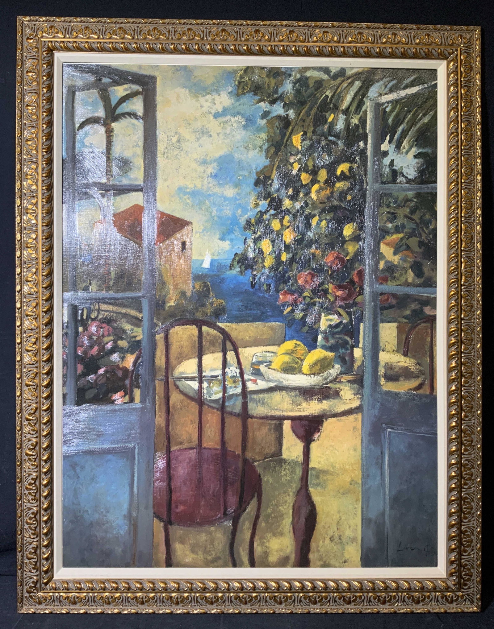 Signed Seaside Balcony Oil on Canvas: Signed Seaside Balcony Oil on Canvas, signature to lower right illegible, subject doors opening to a seaside balcony with a lemon tree nearby, frame measures 36 1/2 x 46 1/2 inches, window measures 30