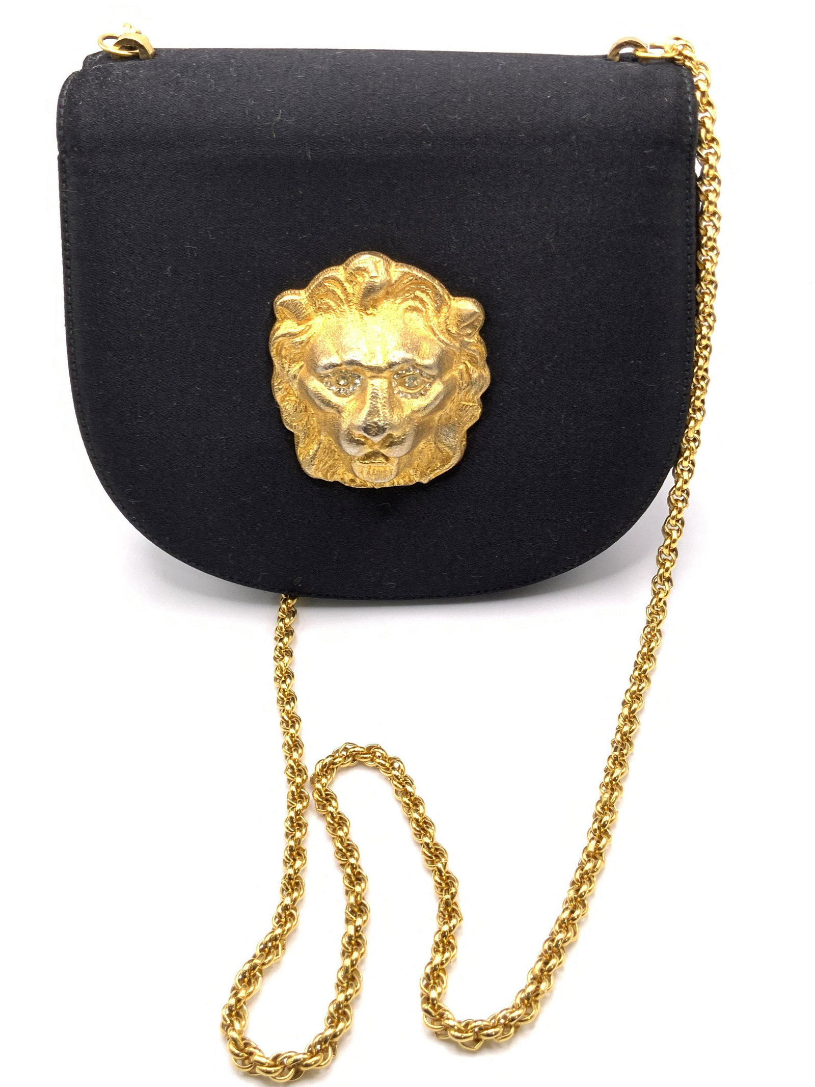 Vntg Morris Moskowitz Lionâ€™s Head Shoulder Bag: Gorgeous lions head vintage satin style fabric shoulder bag by Morris Moskowitz. Gold tone metal lion head with crystal eyes. Gold chain link strap drop measures approximately 16 inches. Bag measures