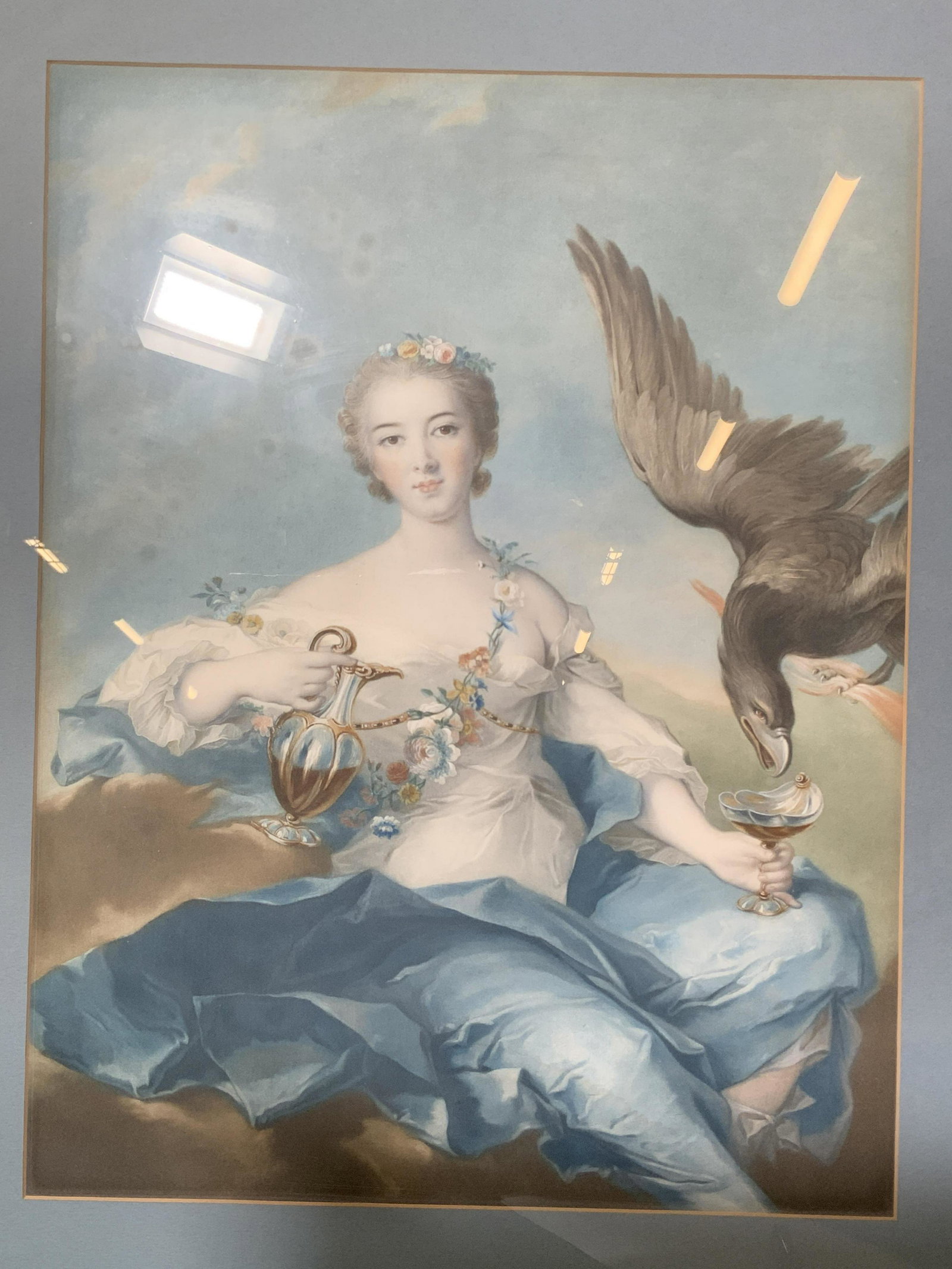 Mezzotint of 19th C. Romantic Allegory: Mezzotint of 19th C. Romantic Allegory, most likely a mezzotint, possibly from 18th century, no apparent inscriptions, shows a woman in 18th century romantic wear while giving a black falcon something