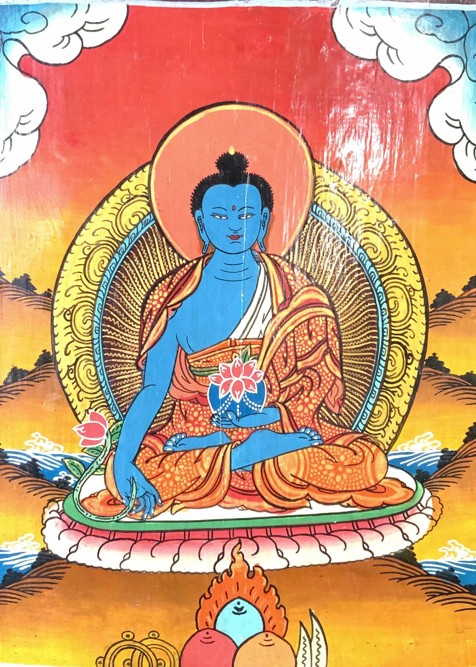 South Asian Artwork on Wood: South Asian Artwork on Wood, no apparent hallmarks, subject shows a Buddhist deity in an ethereal position, measures 8 3/4 x 11 3/8 inches, not framed, wear consistent with age and use. Artwork, art, 