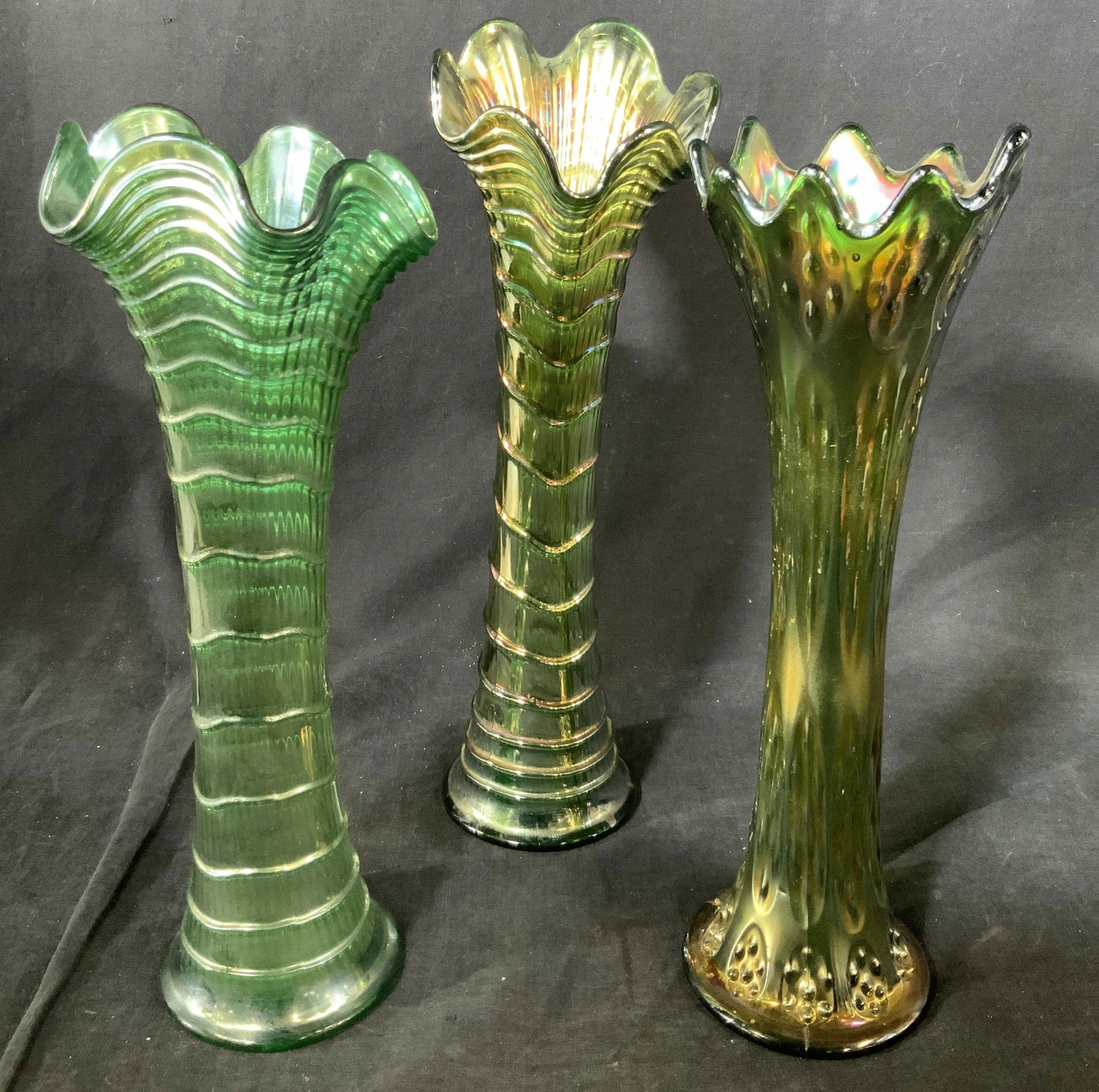 Group Lot 3 Vintage Green Carnival Glass Vases (1 of 9)