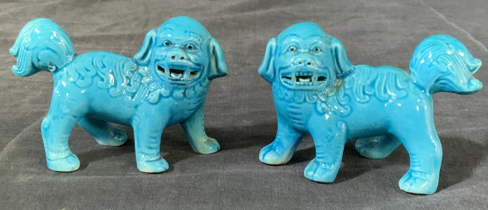 Pair Hand Painted Blue Porcelain Foo Dogs (1 of 8)