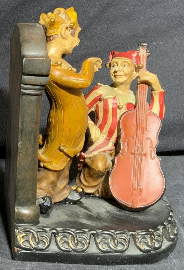 Decorative Wood Bookends of String Musicians: Decorative Wood Bookends of String Musicians, measure 4 3/4 l x 4 w x 6 1/8 h inches, wear consistent with age and use. Book, bookshelf decor, vintage bookends, decorative bookends, wood bookends, she