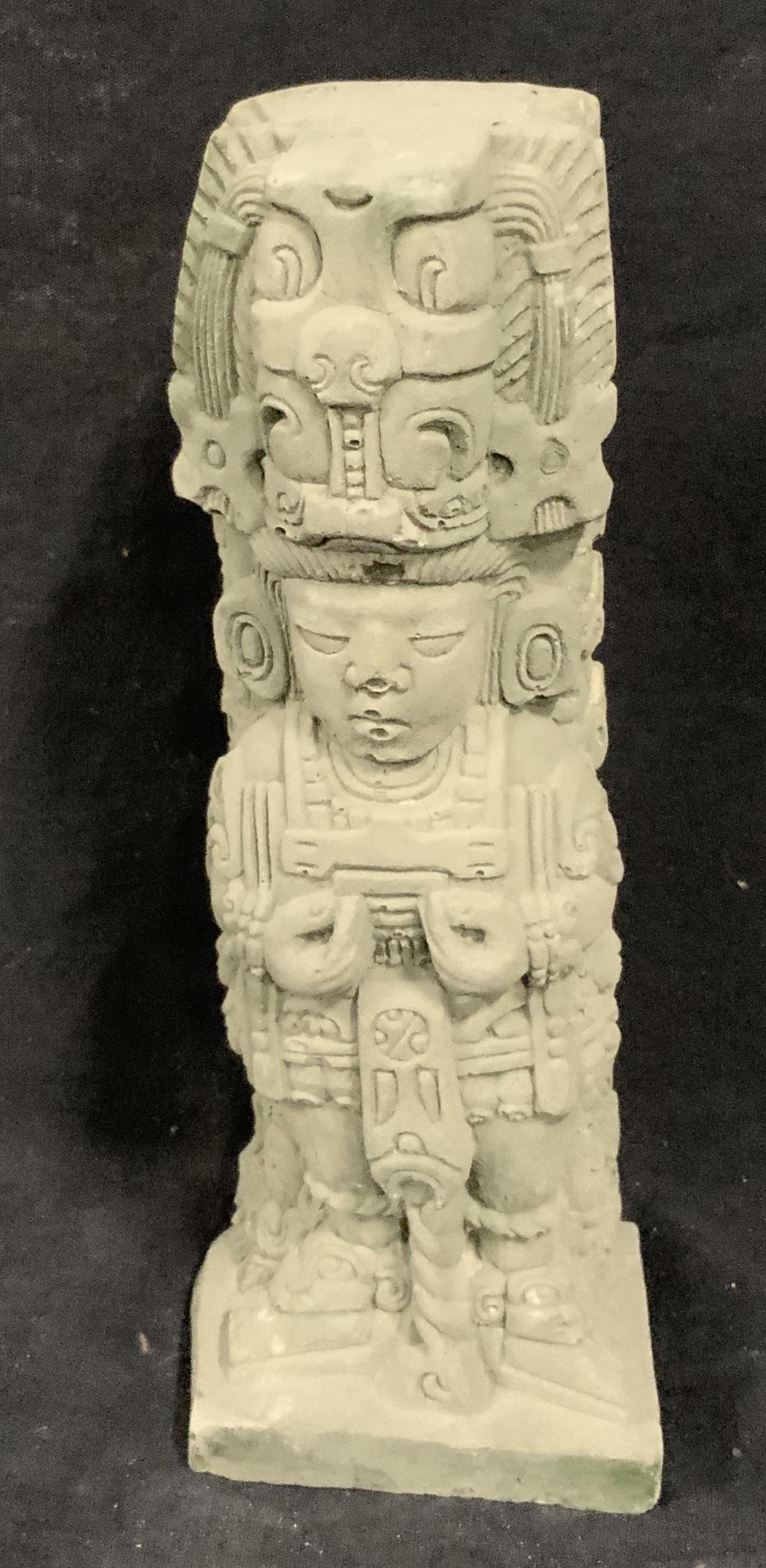 Indigenous Peoples from Latin American Statue: Indigenous Peoples from Latin American Statue, possibly Inca or Mayan, no apparent inscriptions, Appears to be stone composite. subject a figure dressed in costume, measures 3 W x 2 1/8 deep x 8 7/8 H