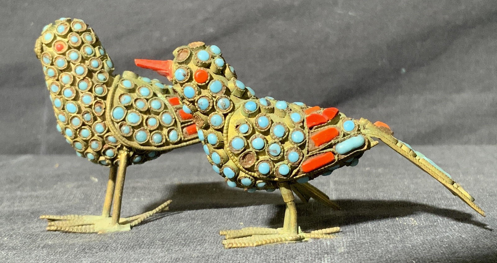 Pair Metal Bird Sculptures W Cabochons (1 of 7)