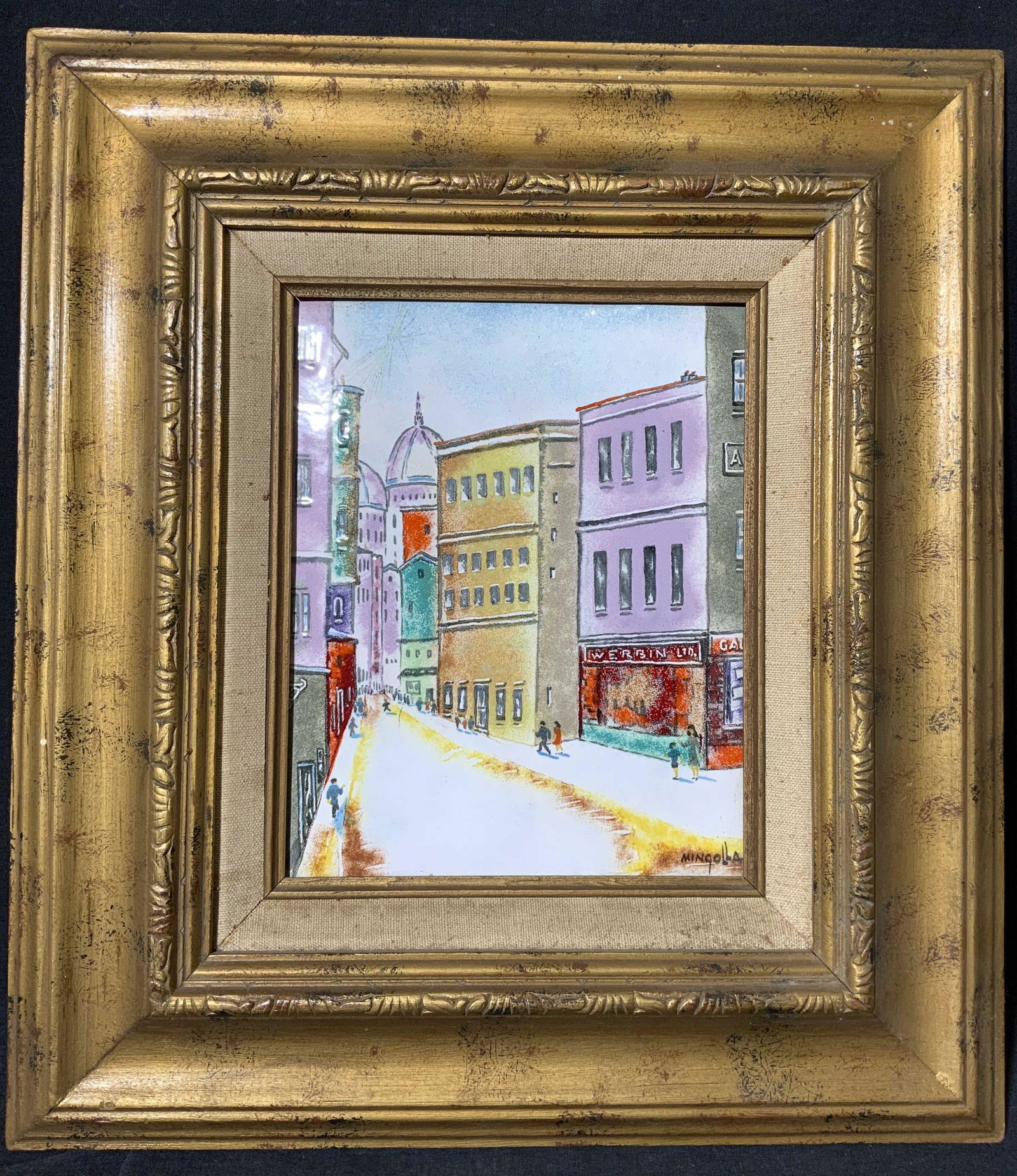 MINGOLLA Signed Enamel on Copper City Street Scene (1 of 10)