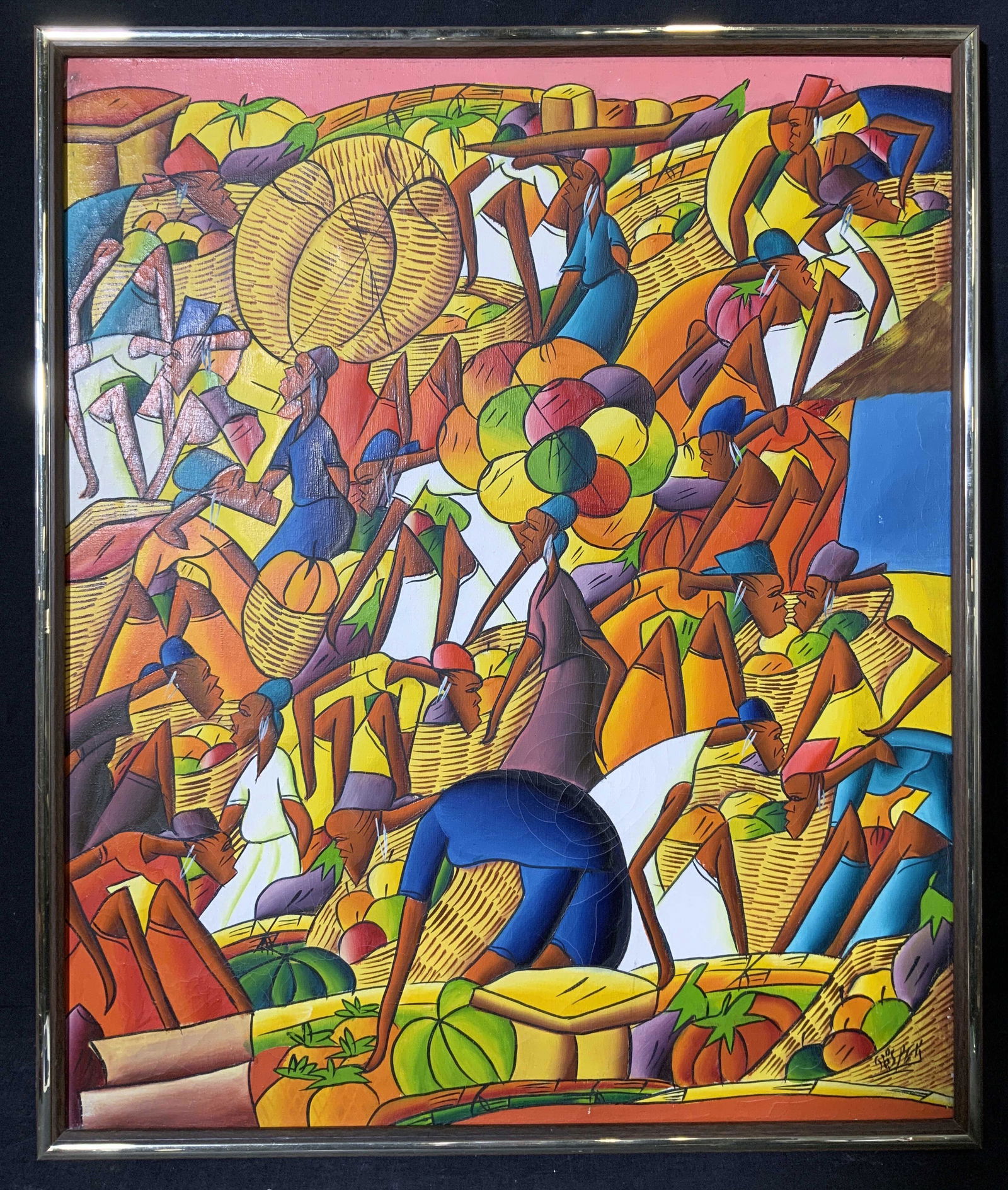Signed Haitian Marketplace Acrylic on Canvas (1 of 8)