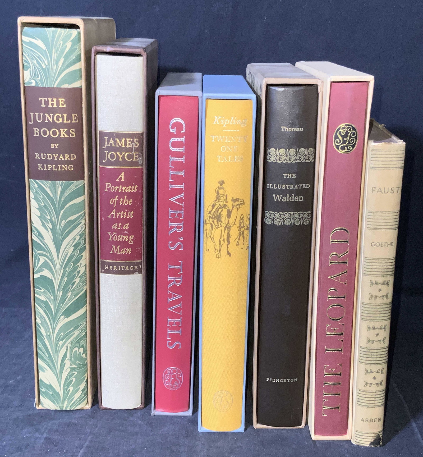 7 Vintage Hardcover Books, Kipling, Joyce, & More: Seven vintage hardcover books. Titles include: The Jungle Books, The Leopard, Gulliver’s Travels, & More. Authors include Rudyard Kipling, James Joyce, Goethe, and more. Six of the seven vintage boo