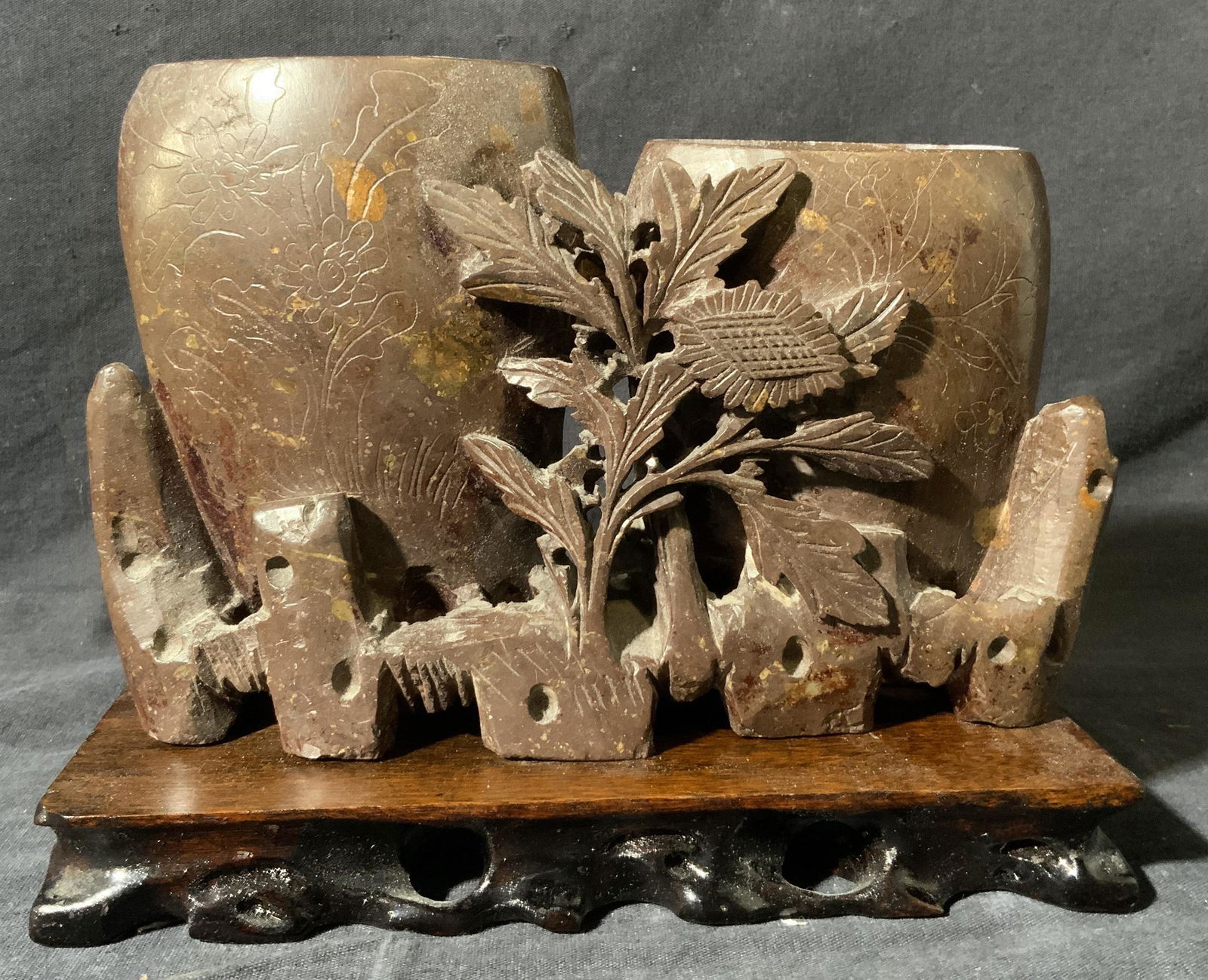 Decorative Carved Asian Hard Stone Double Vase (1 of 11)