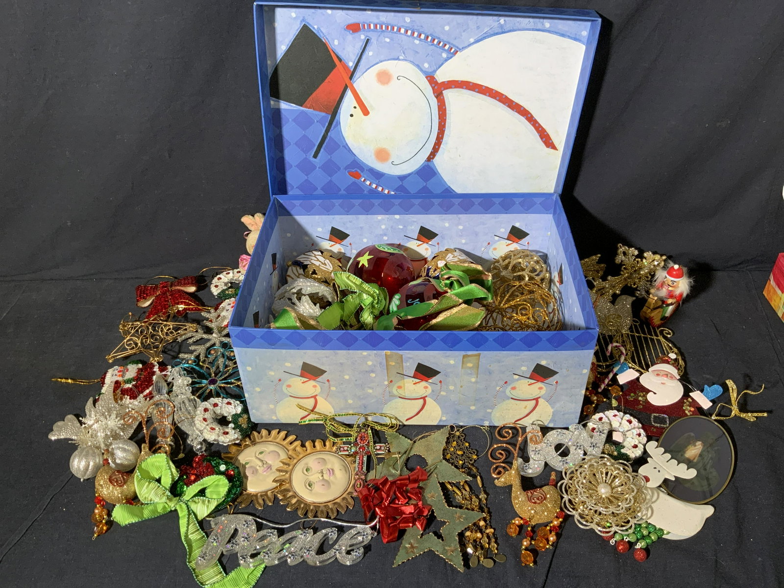 Group Lot Christmas Ornaments: Group Lot Christmas Ornaments, 1 blue toned cardboard box with snowman on it containing various Christmas tree ornaments, box measures 6 1/2 x 15 1/2 x 11 inches, surface wear to pieces. Snowman, it��