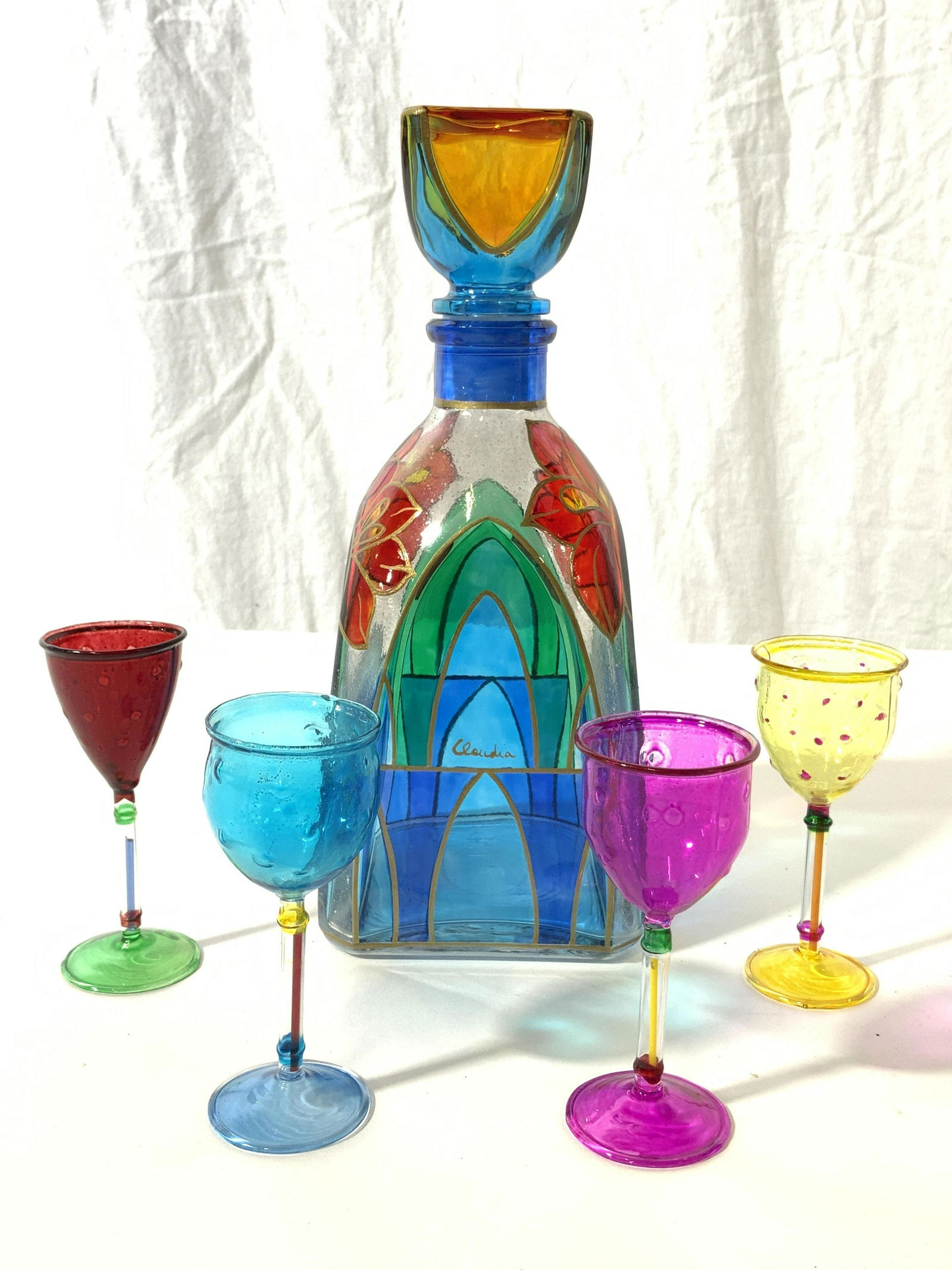 Set 5 Signed CLAUDIA Art Glass Decanter & Cordials (1 of 8)