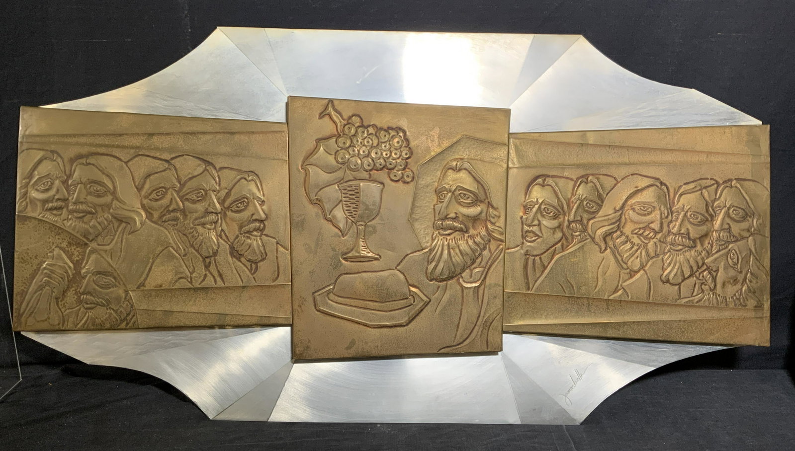 Judaica Metal Intaglio Wall Plaque: Judaica Metal Intaglio Wall Plaque, piece engraved with Jewish figures, measures 39 5/8 x 21 inches, wear consistent with age and use. Artwork, wall art, home decor, art, Judaica art, Judaica intaglio