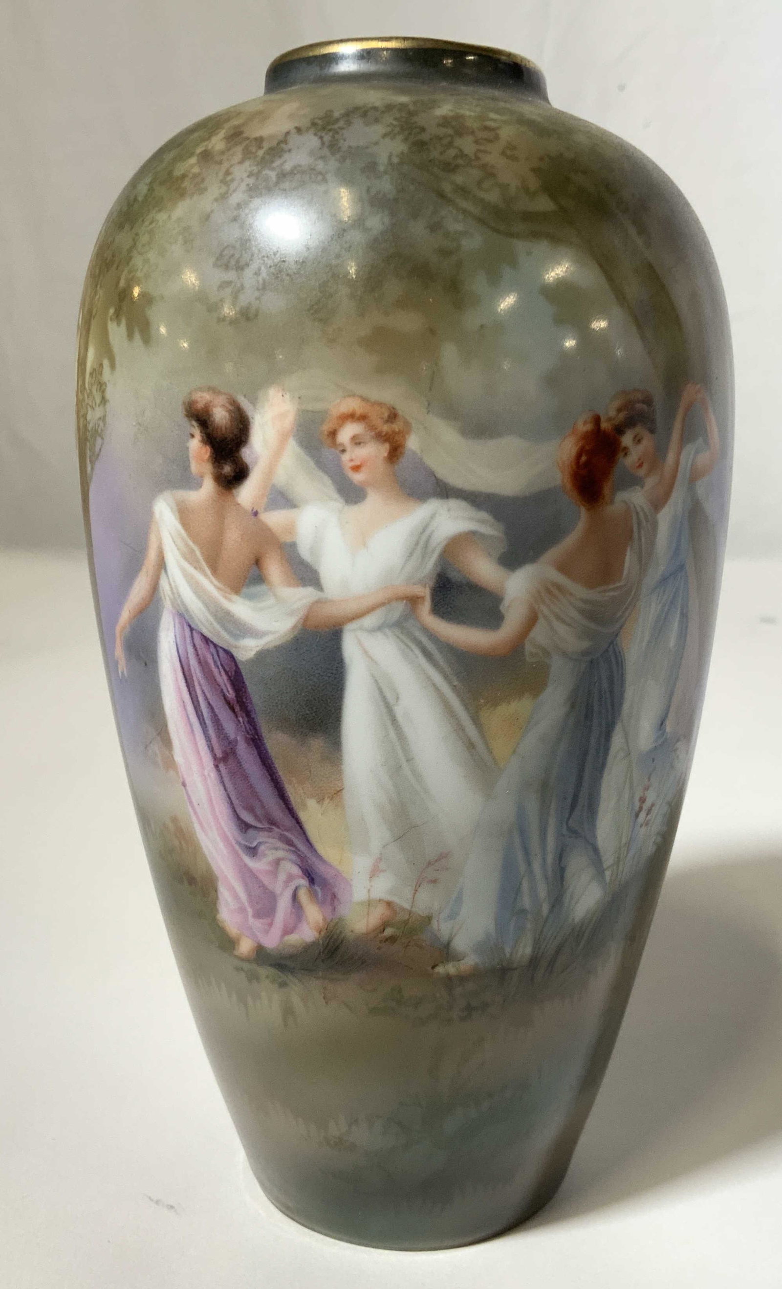 R.S. Hand Painted Porcelain Vase w Maidens: Underside marked RS, and trademarked, hand painted porcelain vase with scene of maidens dancing,and a Forrest scene, measures ht app 7 inches diameter app 4 inches