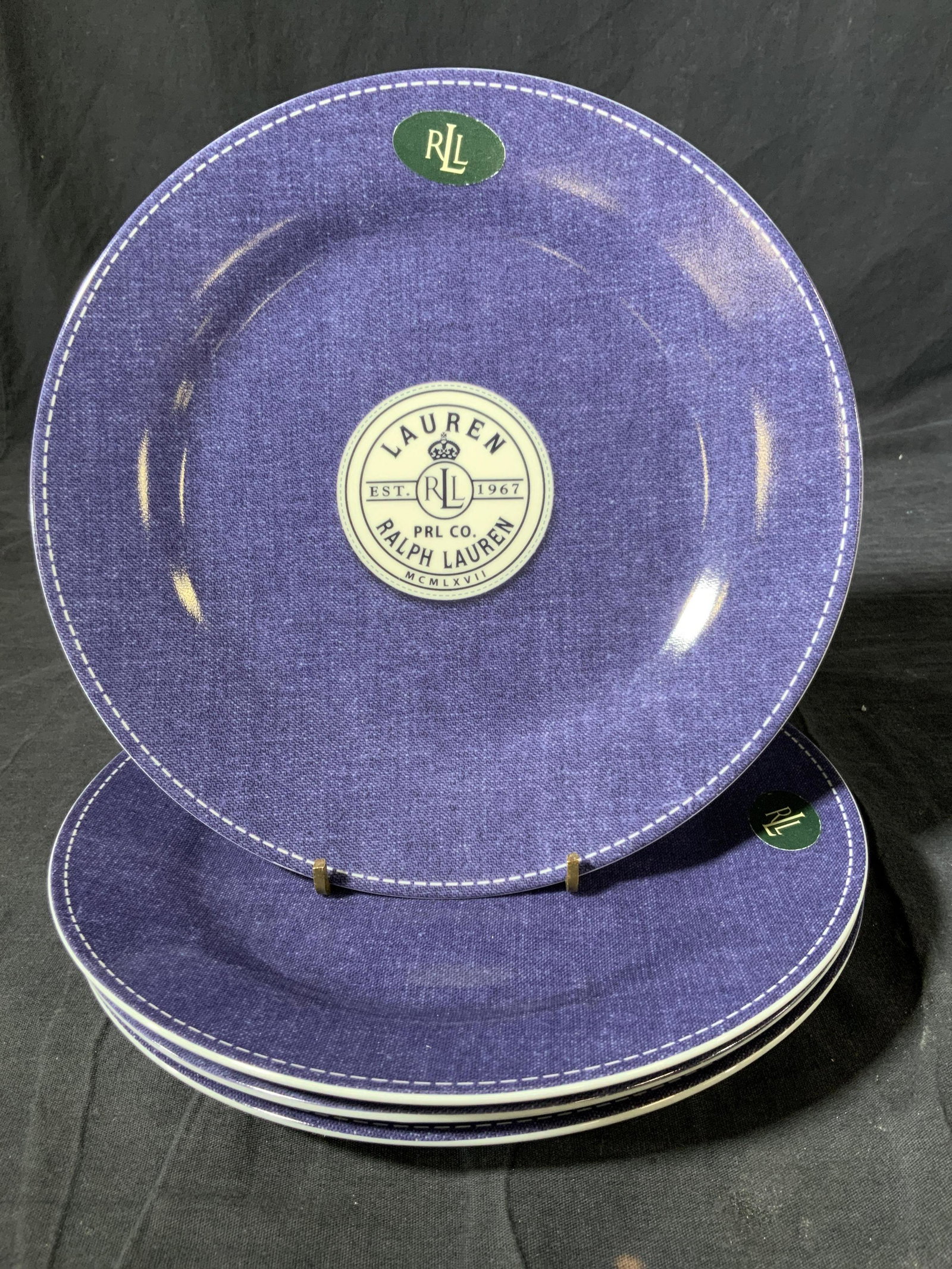 Set 4 Ralph Lauren Bartlett Plates: Never used Ralph Lauren plates original labels affixed to plates, marked for Ralph Lauren underside and pattern Bartlett, each measures diameter app 9.5 inches