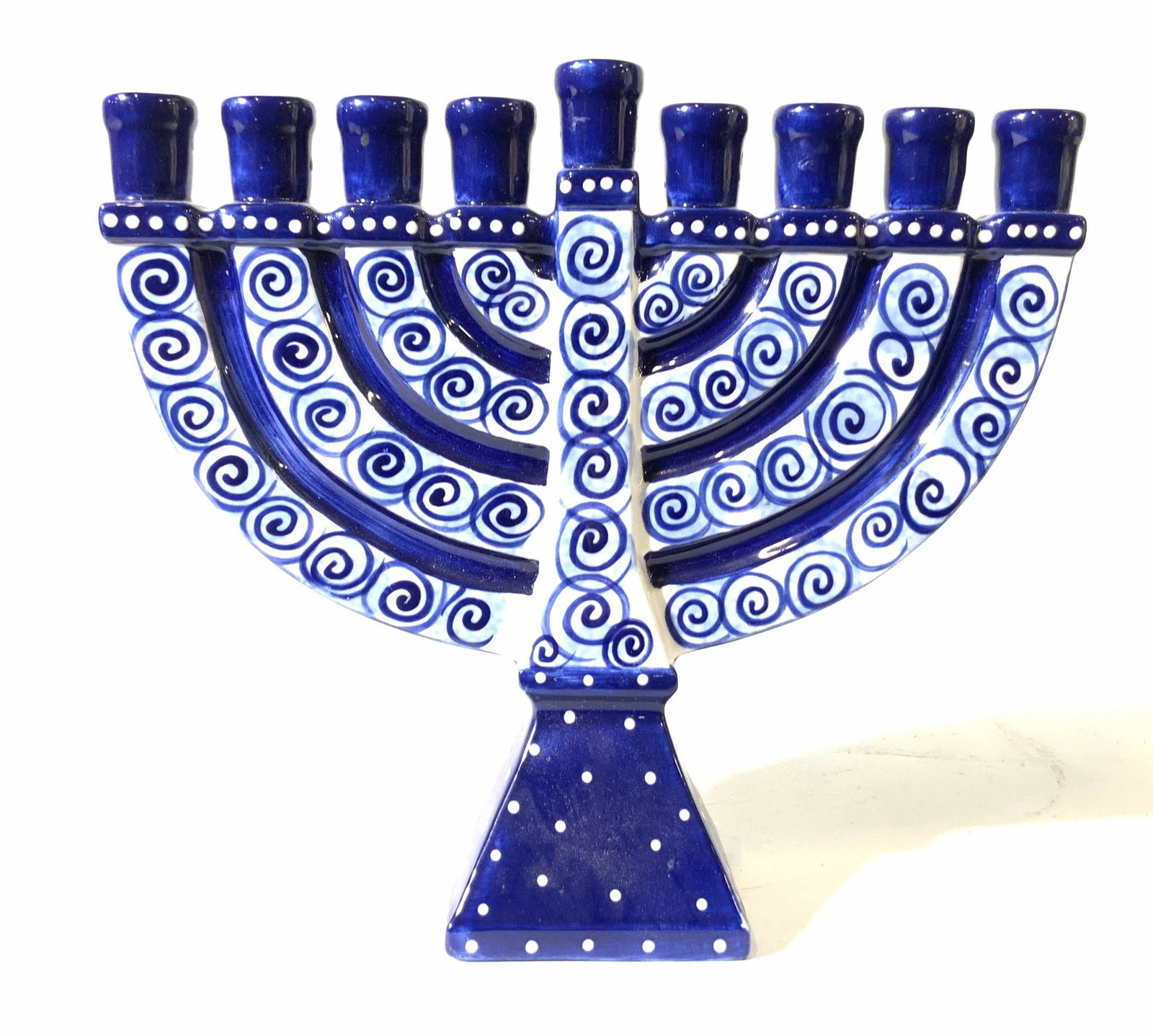 Menorah in Blue and White Ceramic: Underside reads Lorrie Veasey Our name is Mud, Judaica, Hanukkah, candelabra, measures ht 8.5 inches width 9 inches