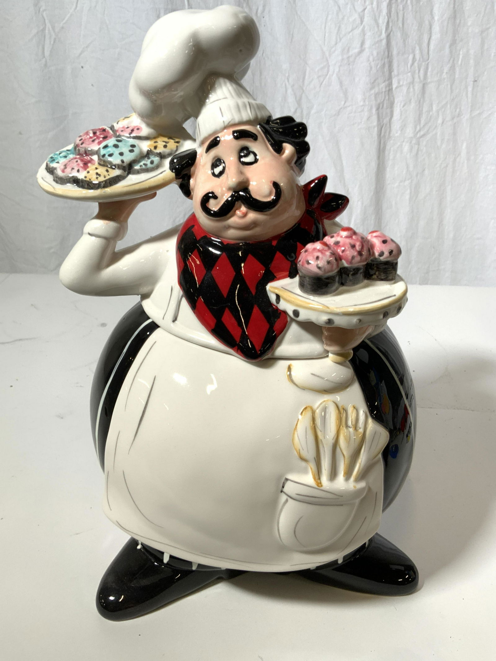 Whimsical Porcelain Baker Cookie Jar: Kitchen decor, decorative accessory, table ware, measures ht 13 inches diameter app 8 inches