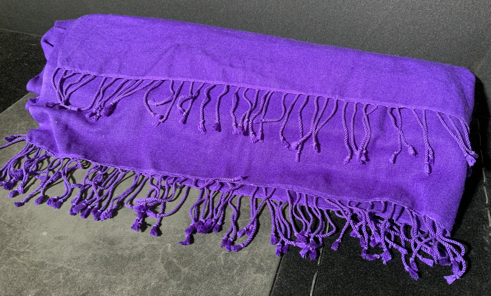 Pashmina & Silk Fringed Shawl: Pashmina & silk fringed shawl, plum toned. Label reads as 70% Pashmina 30% Silk Made in Nepal, Dry clean only’. Wear is consistent with age and use. Measures approx 73 inches long, 32 inches w. Scar
