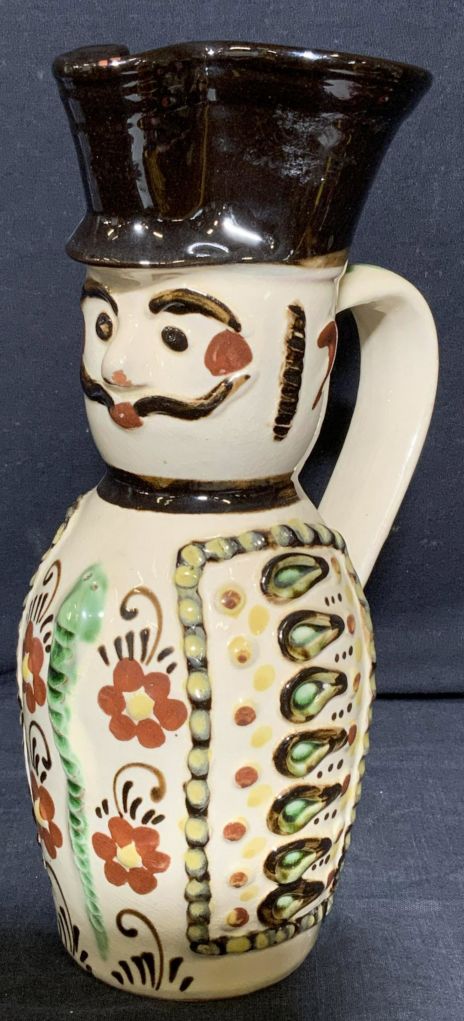 HUNGARY Mustachioed Man Jug: HUNGARY Mustachioed Man Jug, underside reads ‘ Made in HUNGARY’, measures 6 w x 10 3/8 h inches, wear consistent with age and use. Art, artwork, ceramic, ceramic vase, vase, abstract vase, abstrac
