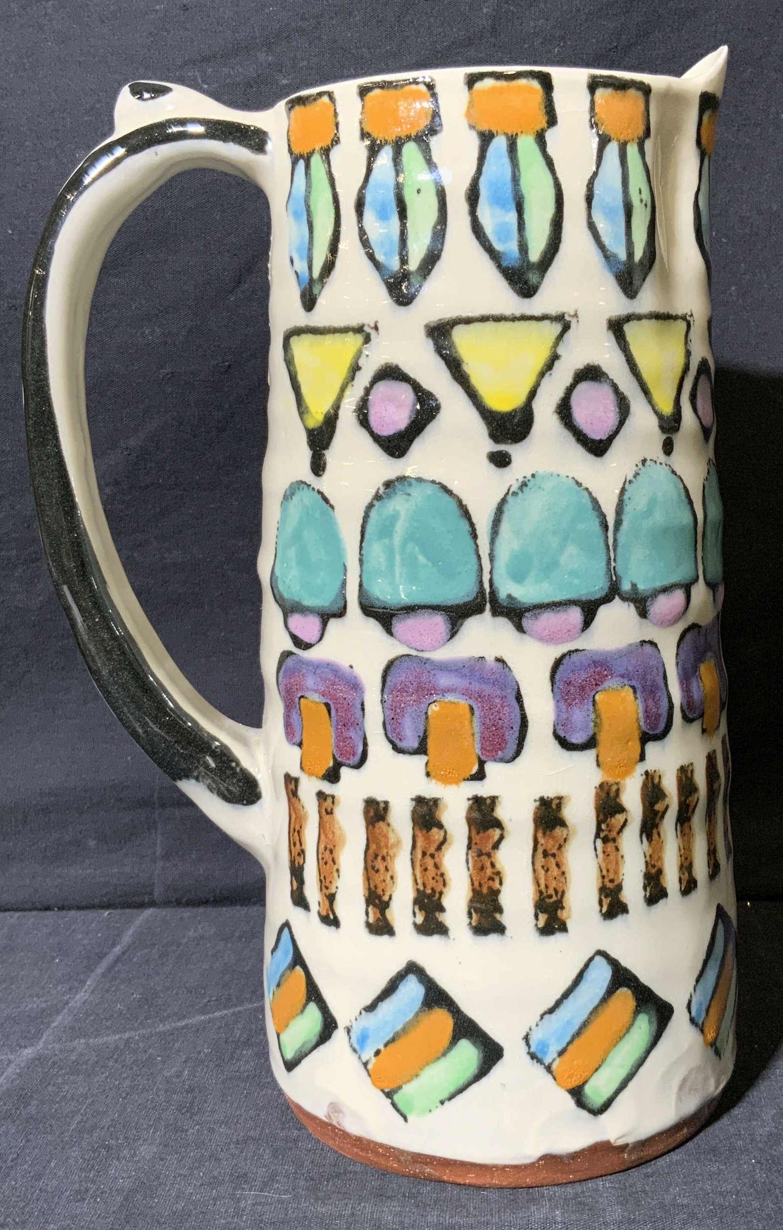 Signed Ceramic Handled Pitcher w Geometric Pattern (1 of 6)