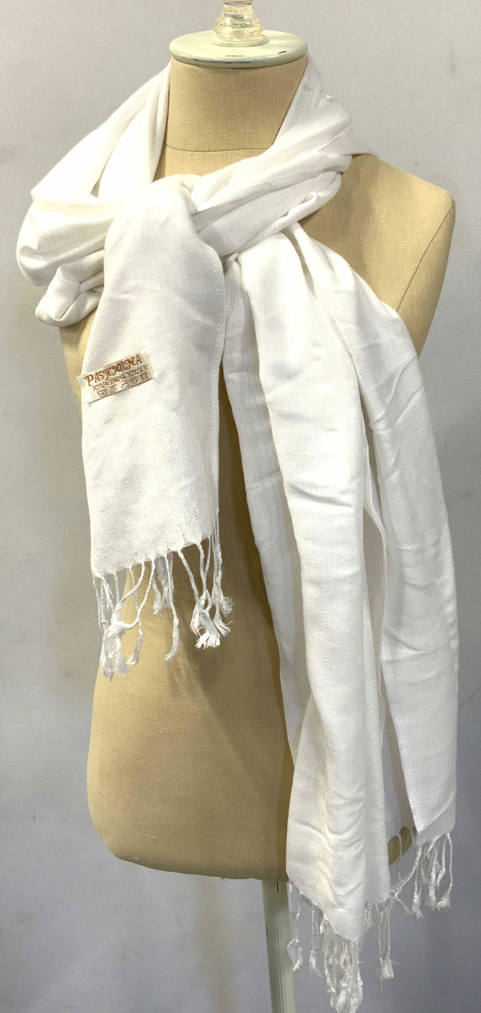 White PASHMINA & Silk Tasseled Scarf (1 of 7)