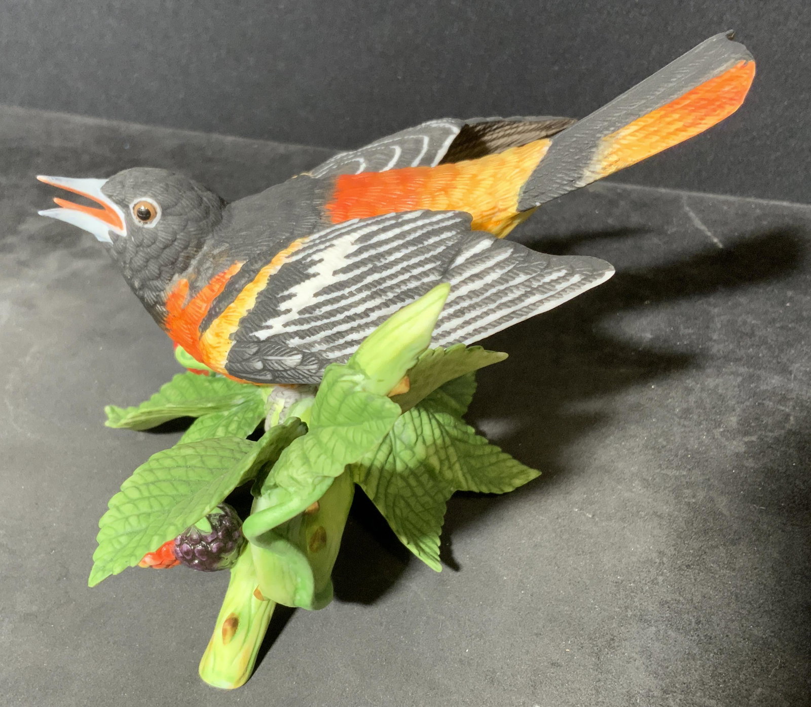 Hand painted Baltimore Oriole, Lenox: Hand painted Baltimore Oriole, by Lenox. Underside marked ‘Baltimore Oriole, FINE PORCELAIN LENOX, LENOX 1990, HANDCRAFTED IN TAIWAN. Includes original box, and documentation from LENOX. Depicts an 