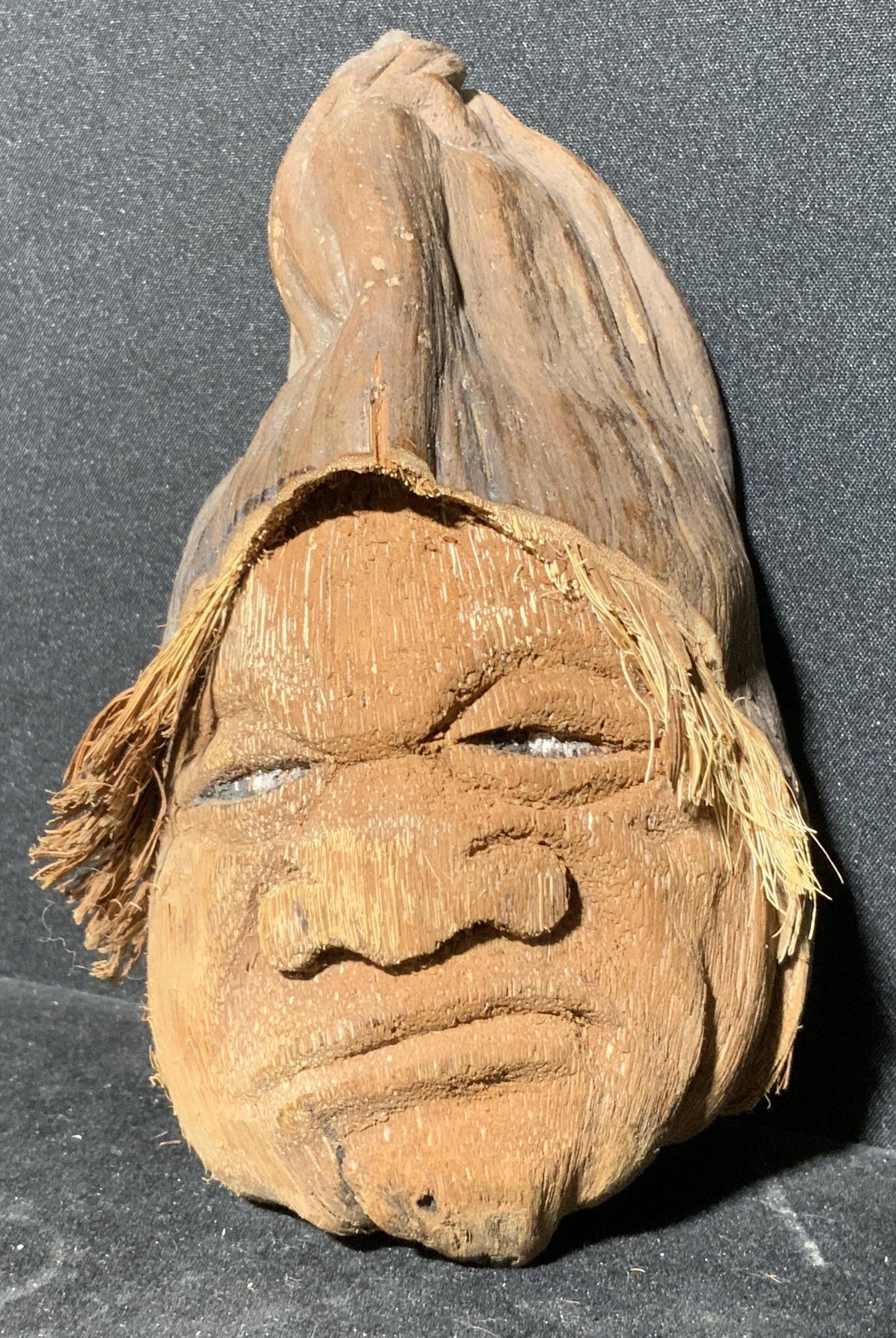 Vintage Dried Husk Head Figural: Carved dried husk. Resembles and elderly man wearing a hat. Wear is consistent with age and use, measures approx 4.5 inches long. Home decor, decorative accessories, decorative arts, folk art, gnome, 