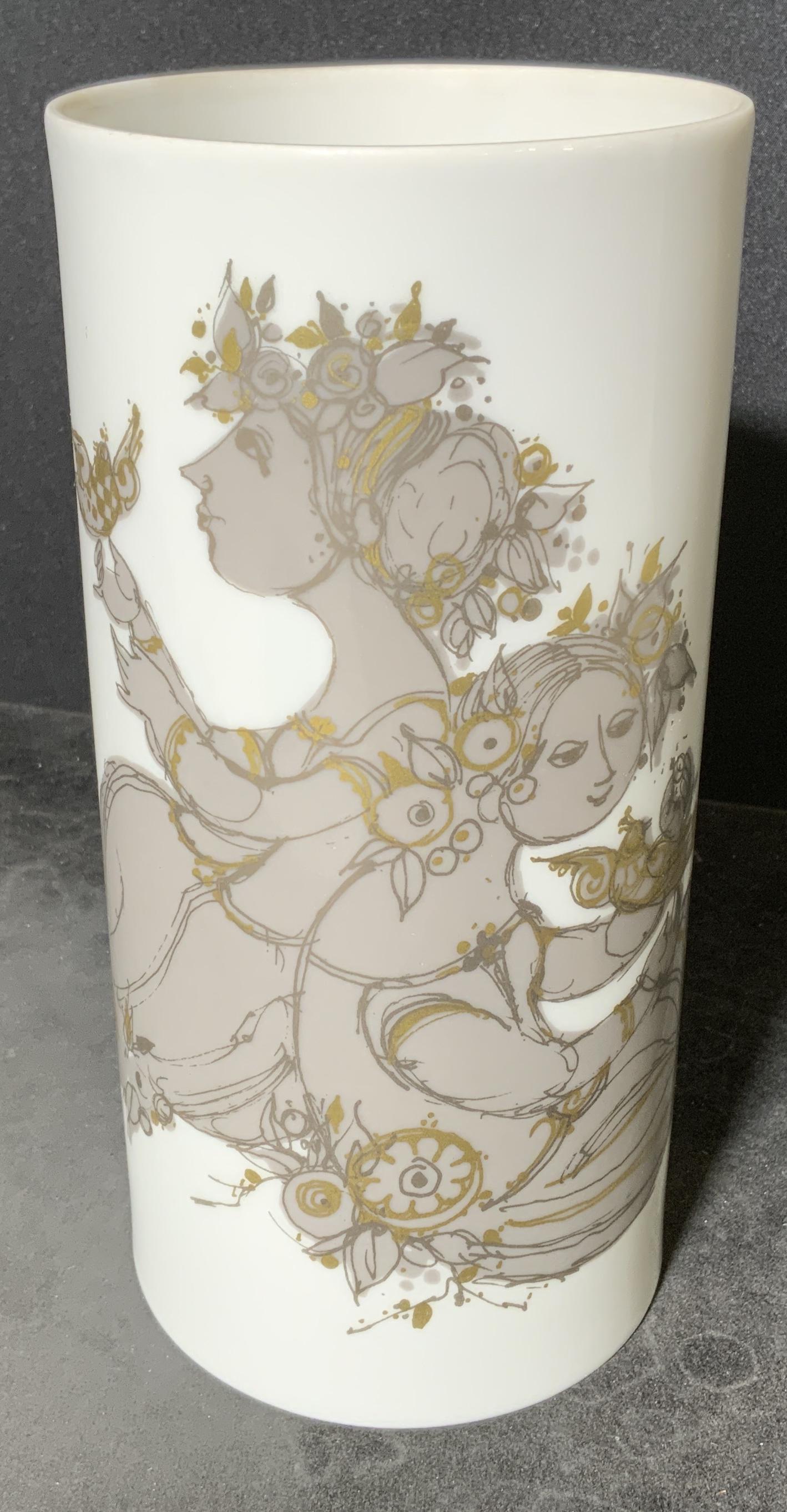 ROSENTHAL BJORN WIINBLAD Vase: Ceramic vase, possibly vintage. Decorated with artwork by BJORN WIINBLAD. Underside marked ROSENTHAL, STUDIO LINE, GERMANY. Artwork depicts two girls holding birds, among flower. Wear is consistent wi