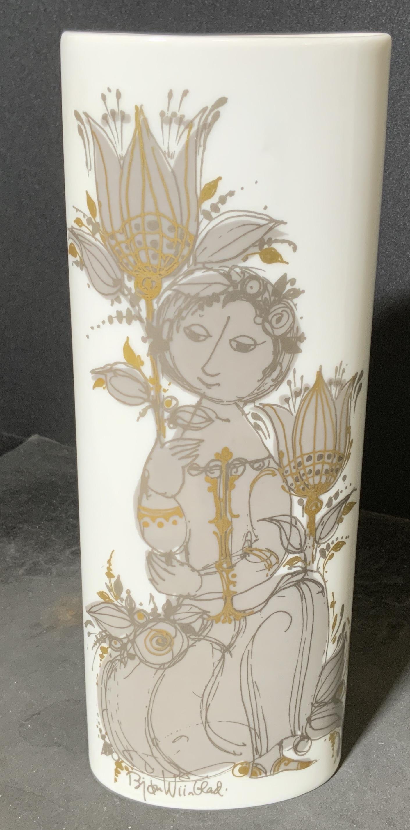 ROSENTHAL BJORN WIINBLAD Ceramic Vase: Ceramic vase, possibly vintage. Decorated with artwork by BJORN WIINBLAD. Underside marked ROSENTHAL, STUDIO LINE, GERMANY. Artwork depicts a female figure holding a large flower. Wear is consistent w