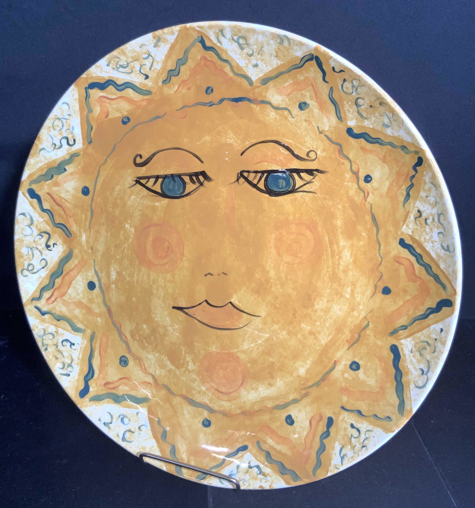 Signed Hand Painted Ceramic Sun Motif Platter (1 of 9)