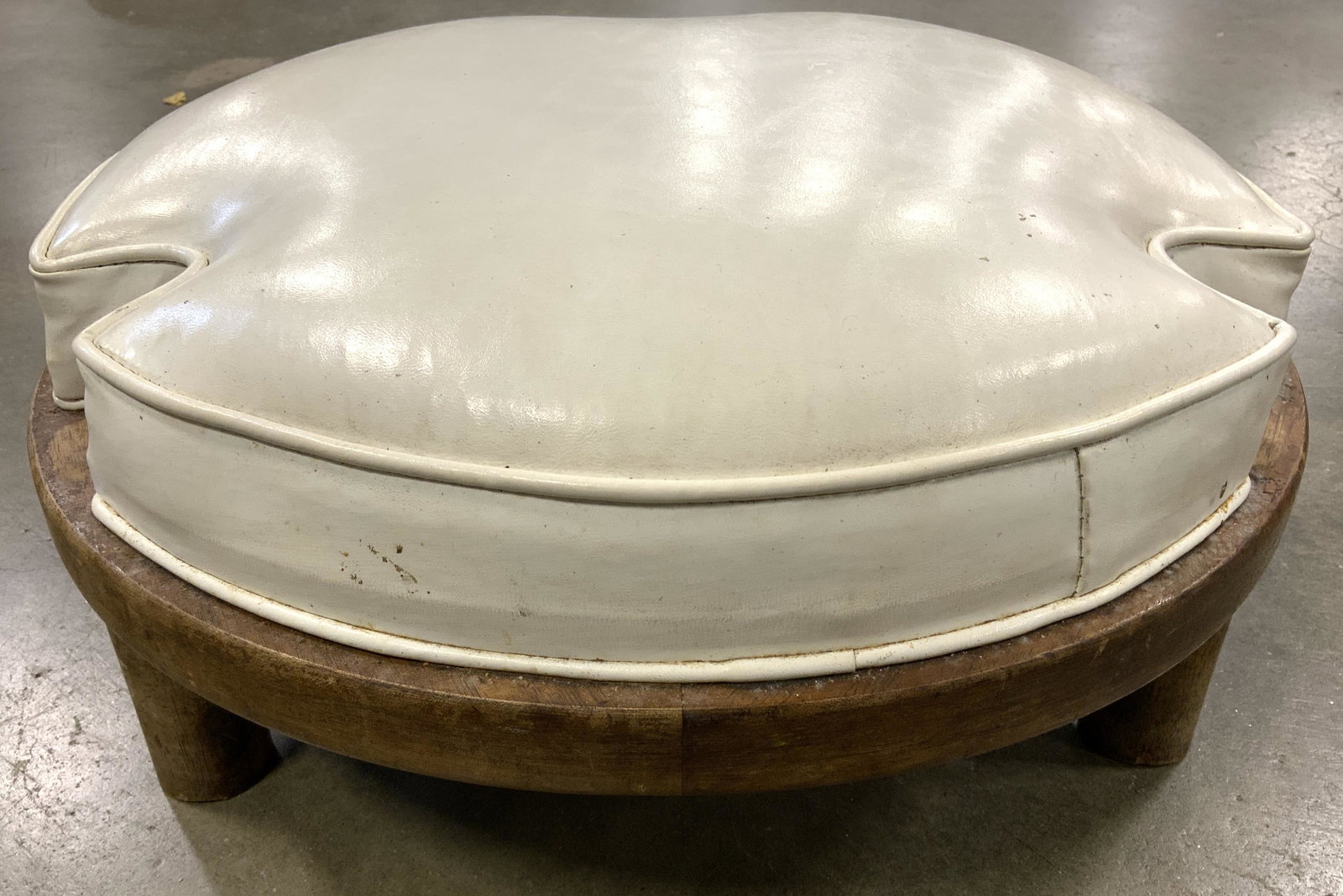 Vtg Wood Footstool Stool W Wht Leather Upholstery (1 of 7)