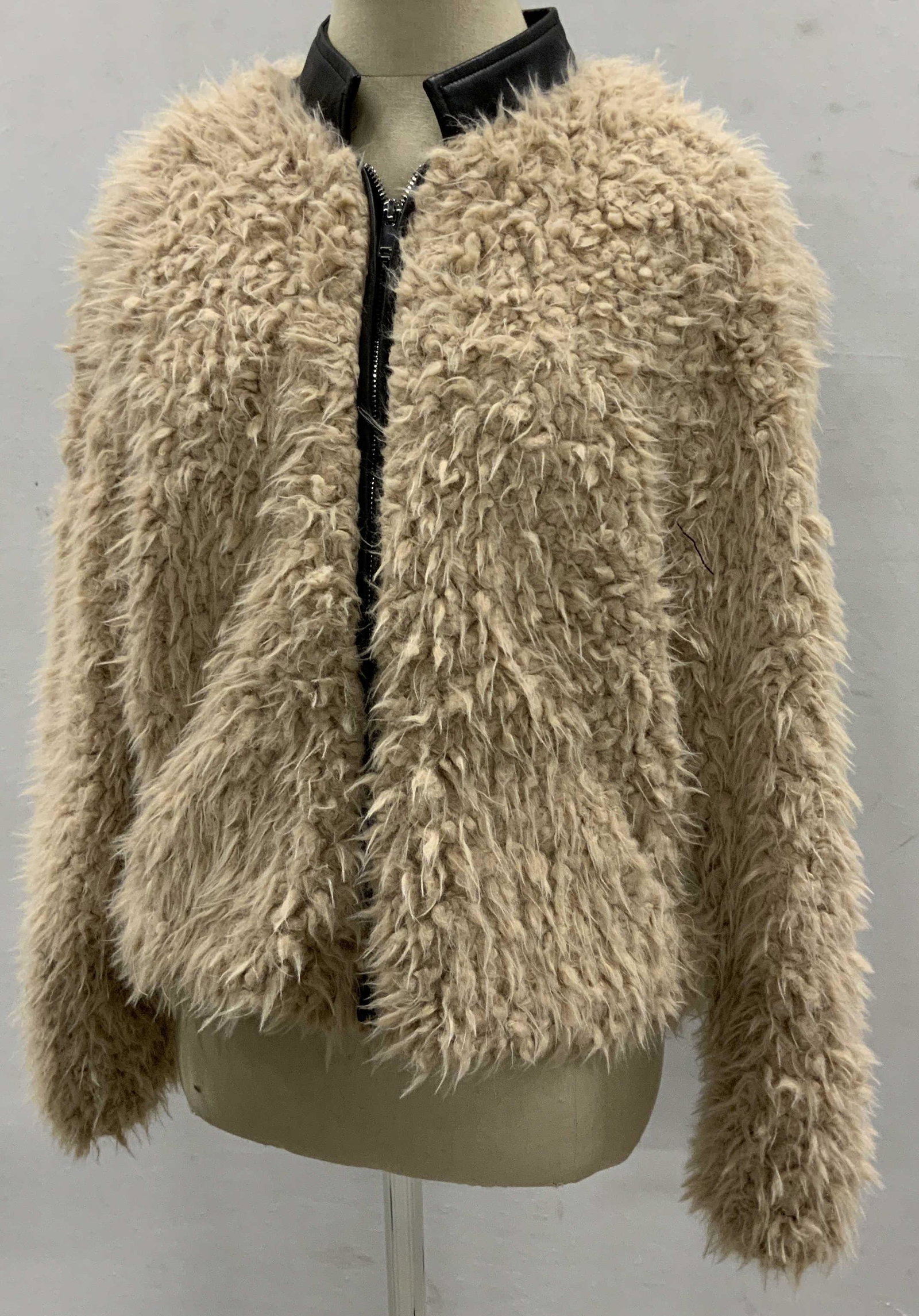 STELLA & LORENZO FAUX Fur Bomber Jacket: STELLA & LORENZO FAUX Fur Bomber Beige Nude Pink Zippered Jacket w tag, tag reads ‘SHELL; FAUX FUR, 100% POLYESTER, LINING 100% POLYESTER, TRIM 100% PU, waist measures approx 20 inches, has a total
