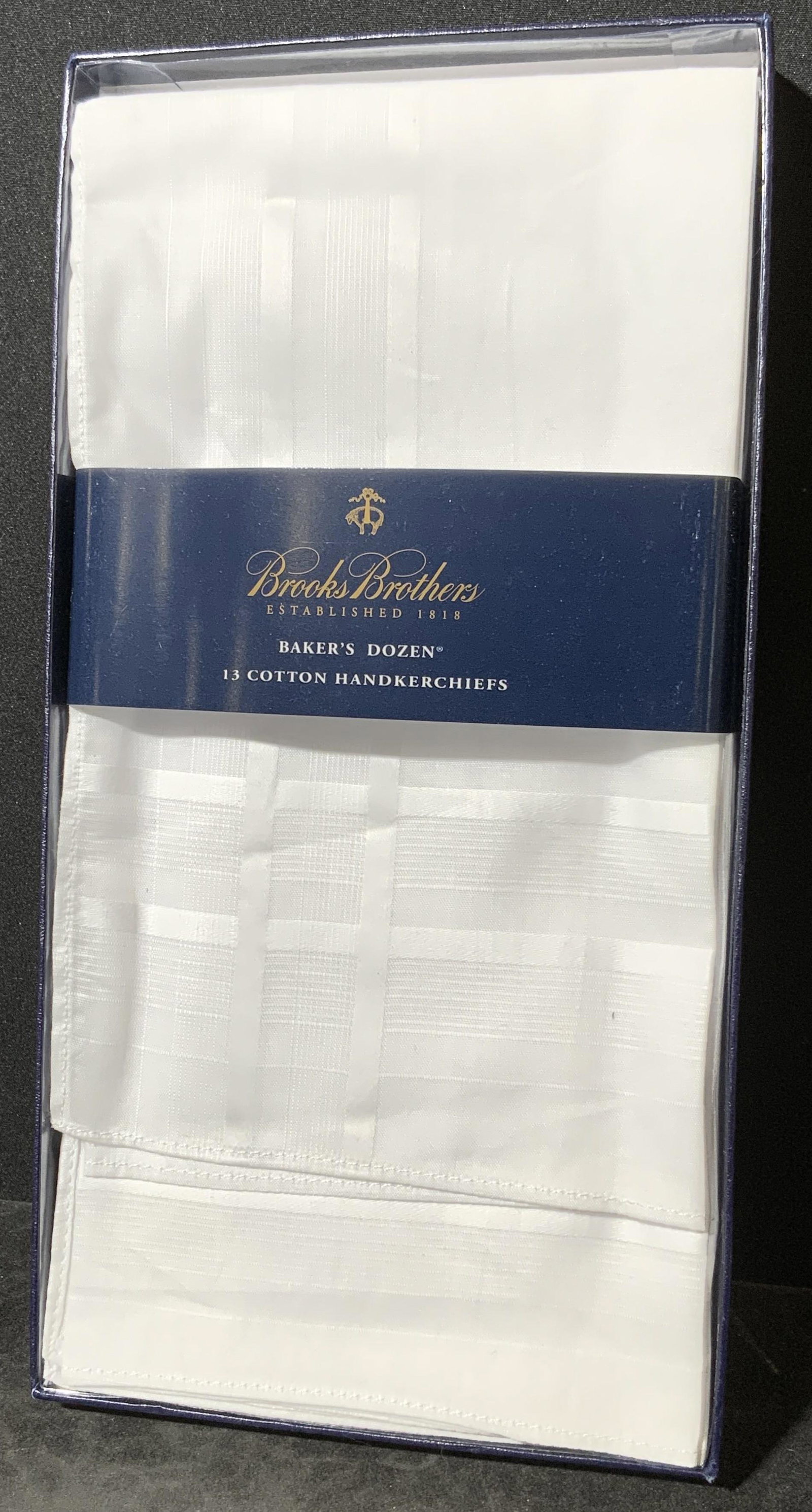 BROOKS BROTHERS Group Lot 8 Cotton Handkerchiefs: Group Lot 8 handkerchiefs. Label reads as BROOKS BROTHERS ESTABLISHED 1818, BAKERS DOZEN, 13 COTTON HANDKERCHIEFS. Loss present. Handkerchiefs are new and unused. Includes original packaging. Box meas